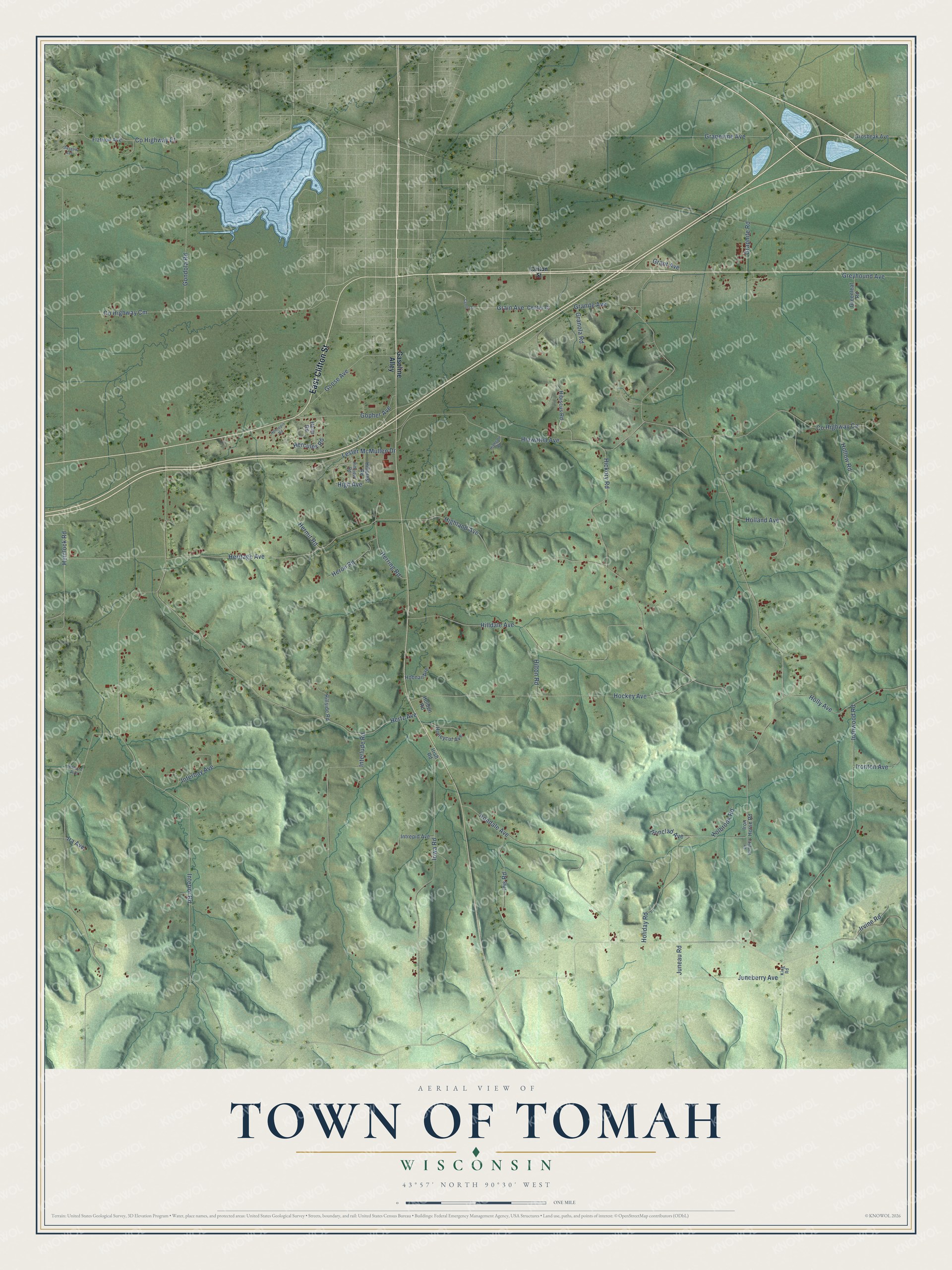 Full map of Tomah, Wisconsin, with red buildings, printed street names and the land around them