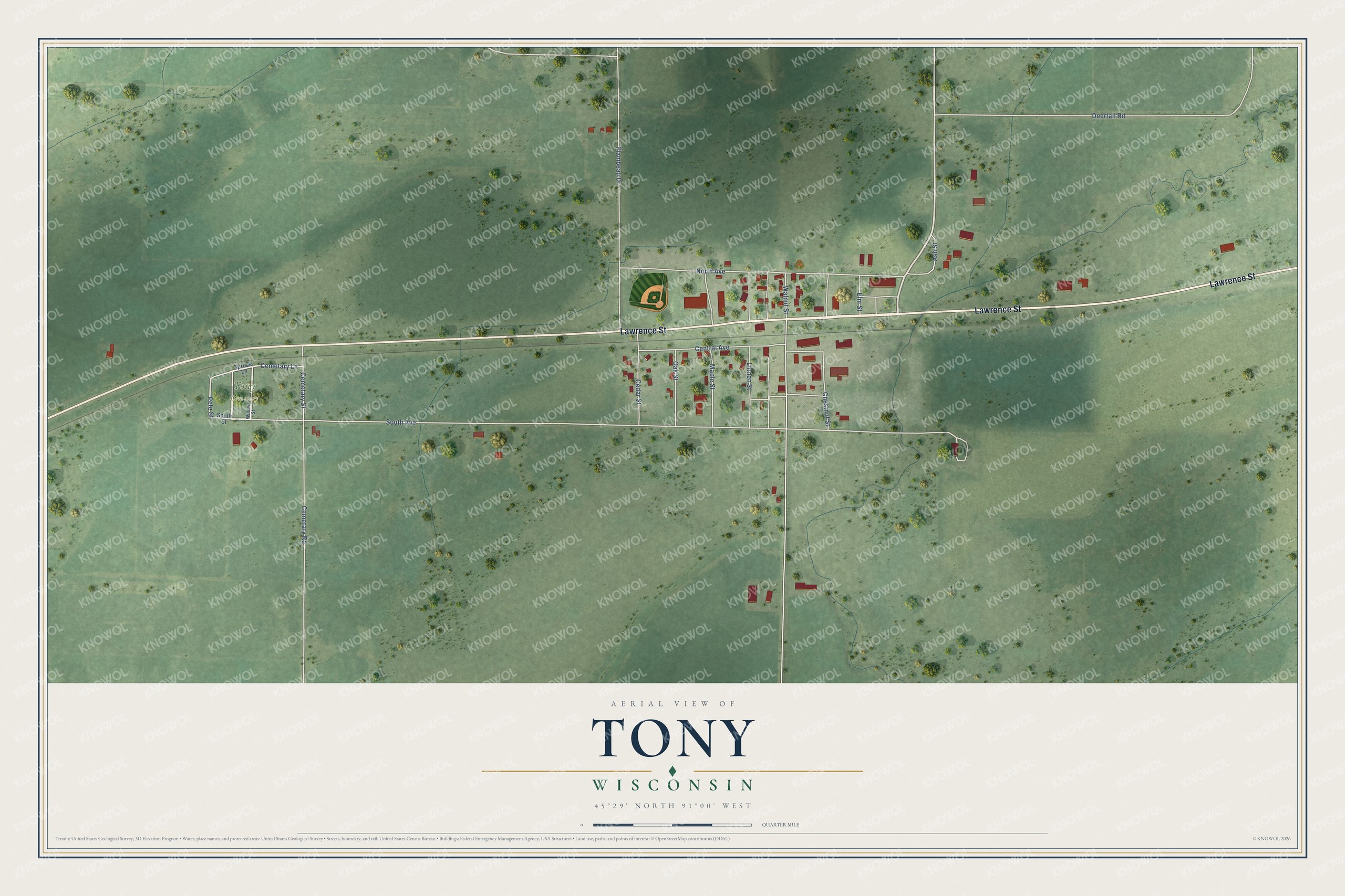 Full map of Tony, Wisconsin, with red buildings, printed street names and the land around them