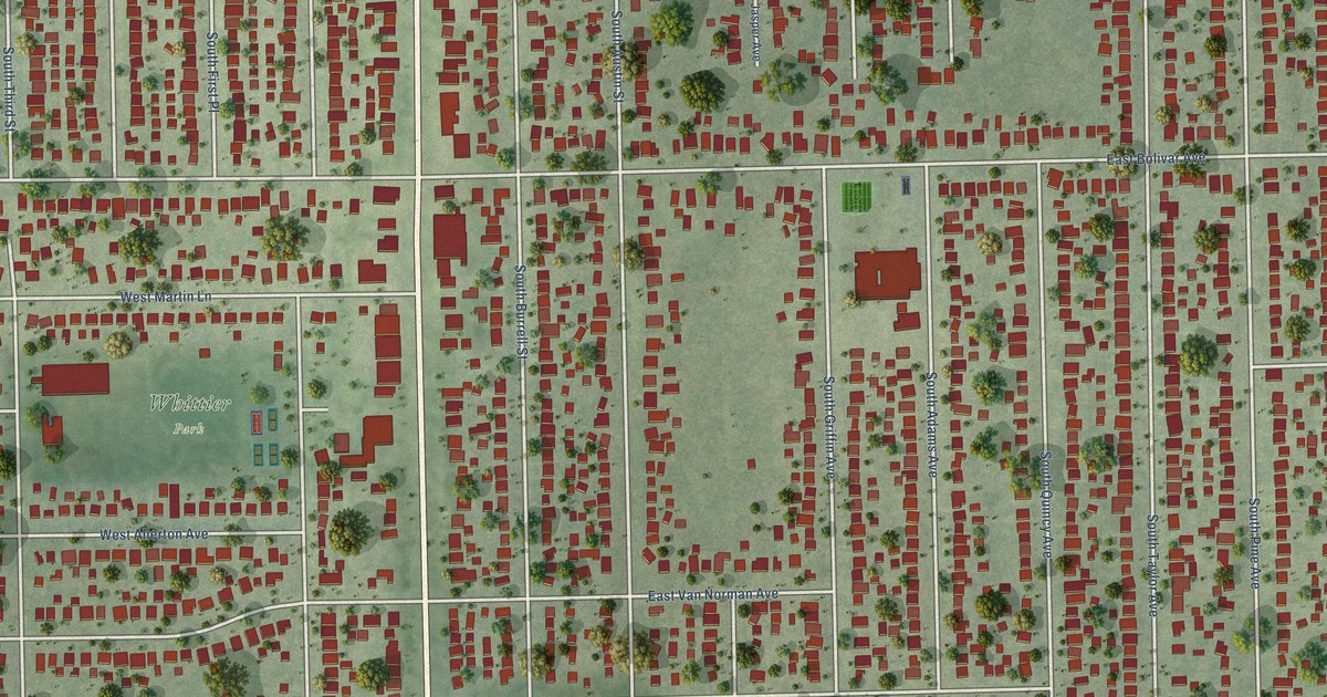 Close-up of streets and buildings in the Town of Lake, Wisconsin