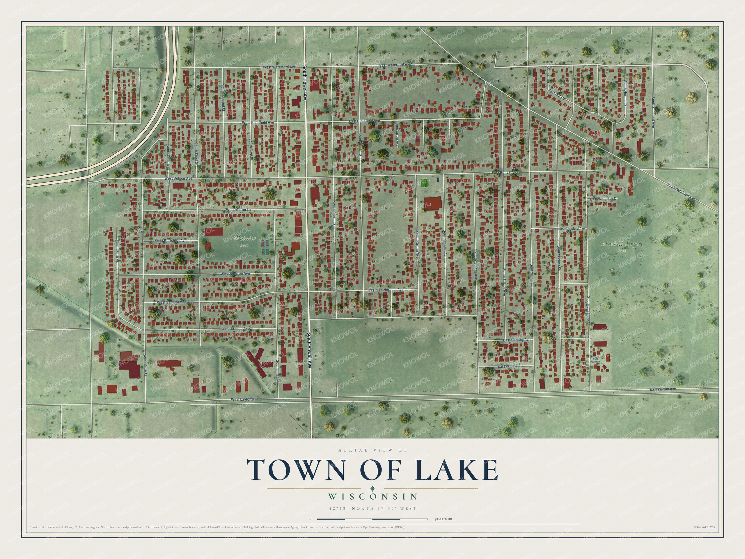 Full map of Town of Lake, Wisconsin, with red buildings, printed street names and the land around them