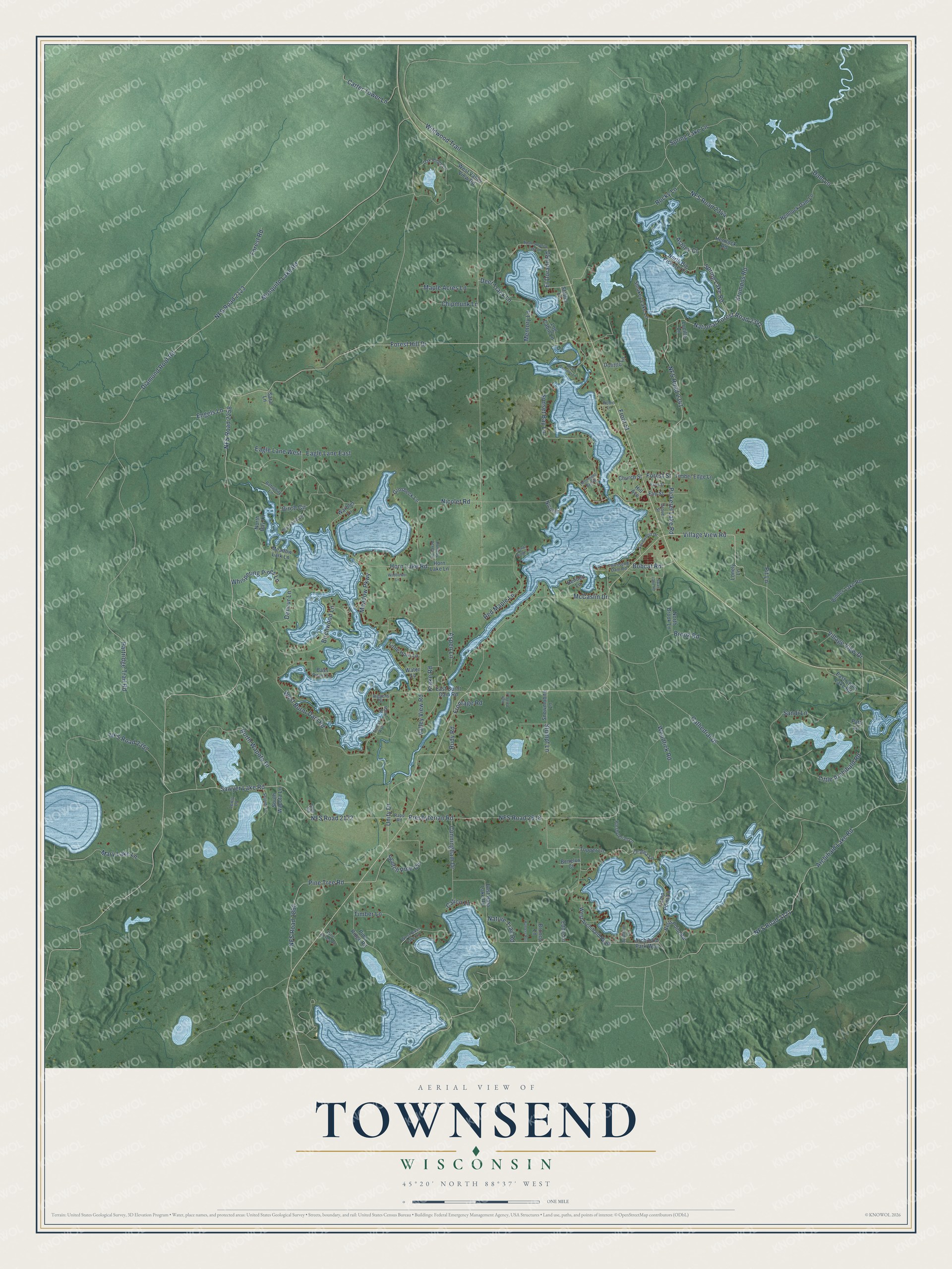 Full map of Townsend, Wisconsin, with red buildings, printed street names and the land around them