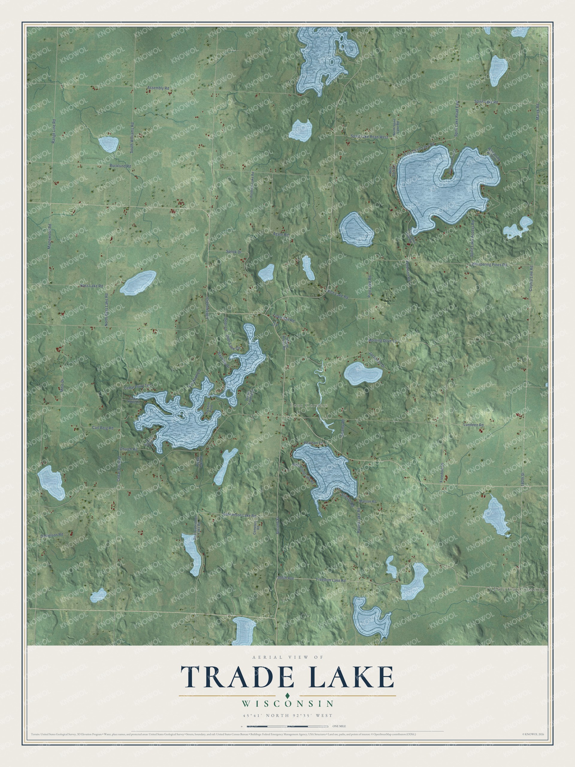 Full map of Trade Lake, Wisconsin, with red buildings, printed street names and the land around them