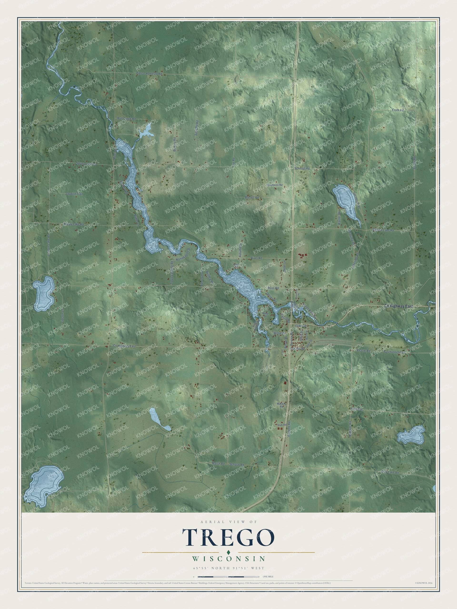 Full map of Trego, Wisconsin, with red buildings, printed street names and the land around them