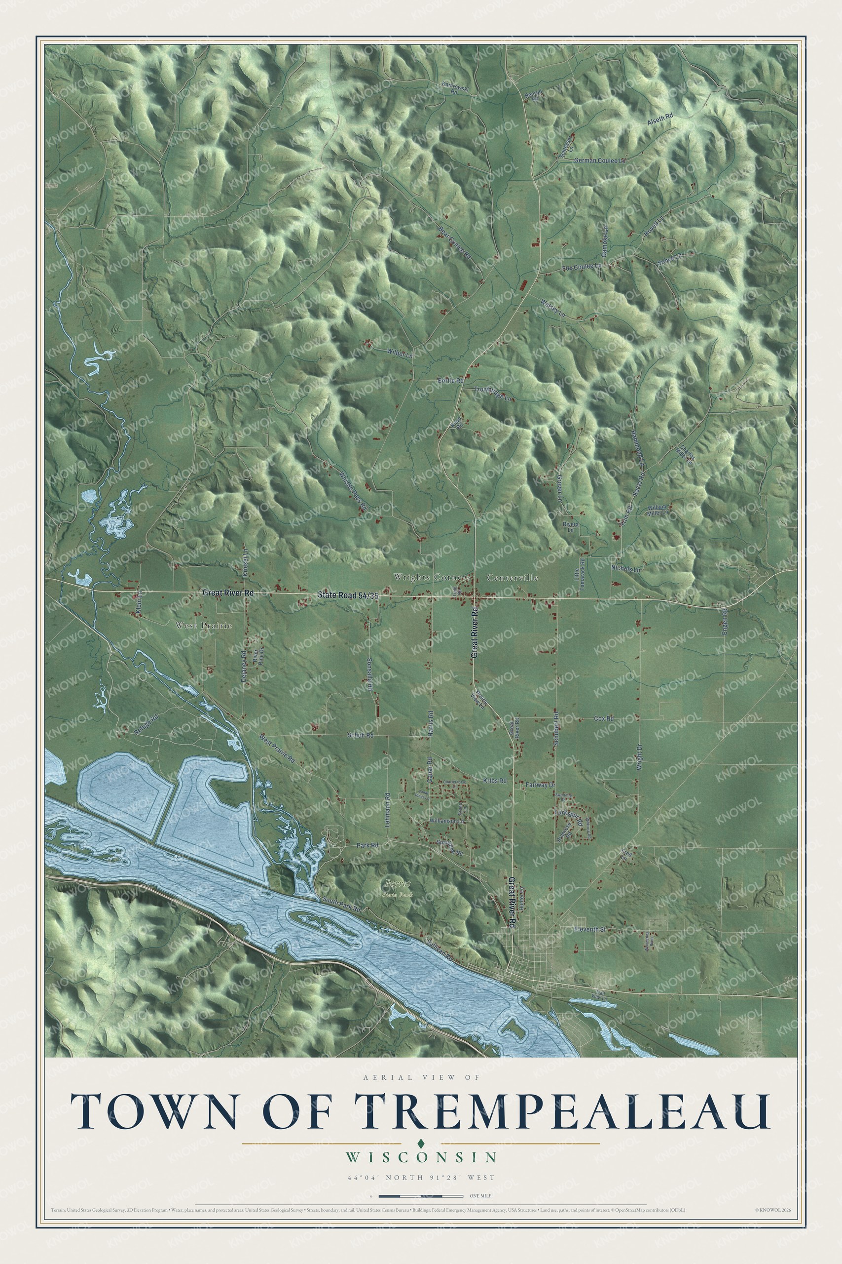Full map of Trempealeau, Wisconsin, with red buildings, printed street names and the land around them