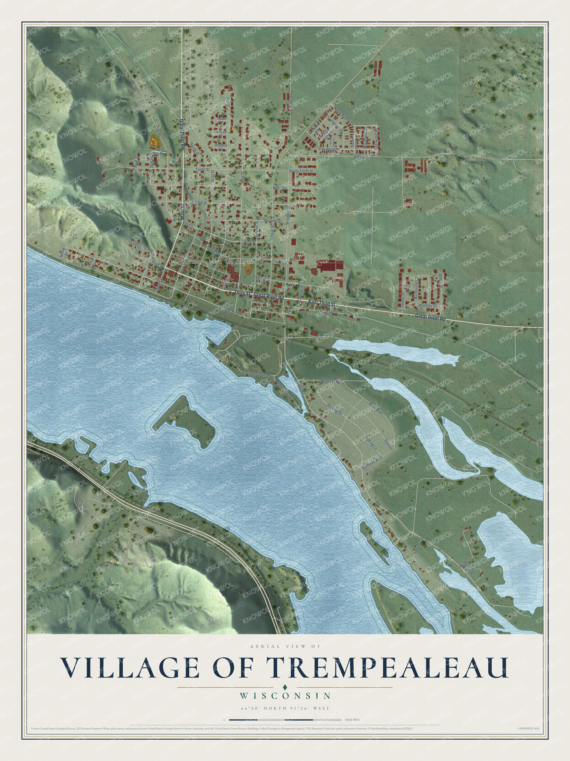 Full map of Trempealeau, Wisconsin, with red buildings, printed street names and the land around them