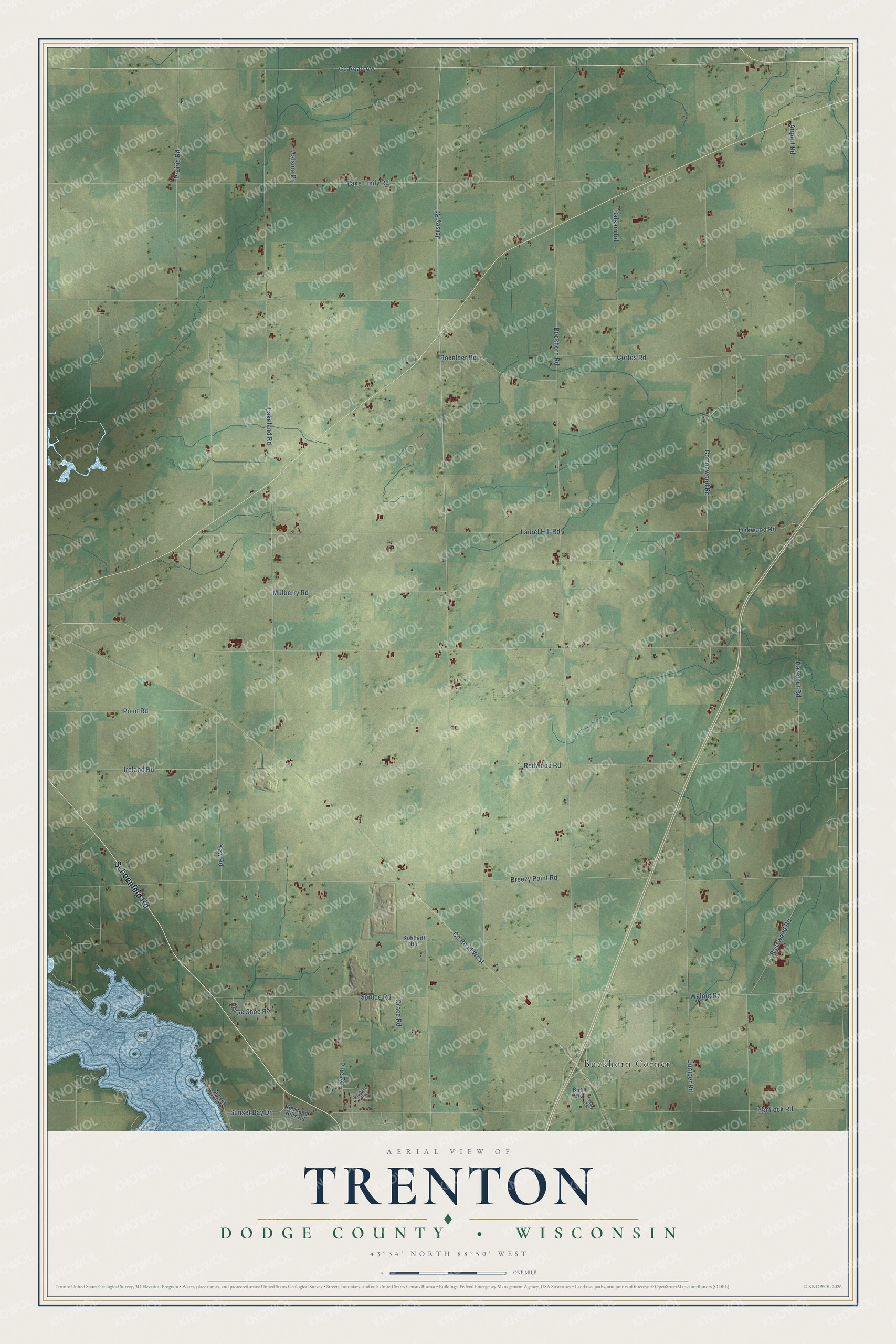 Full map of Trenton, Wisconsin, with red buildings, printed street names and the land around them