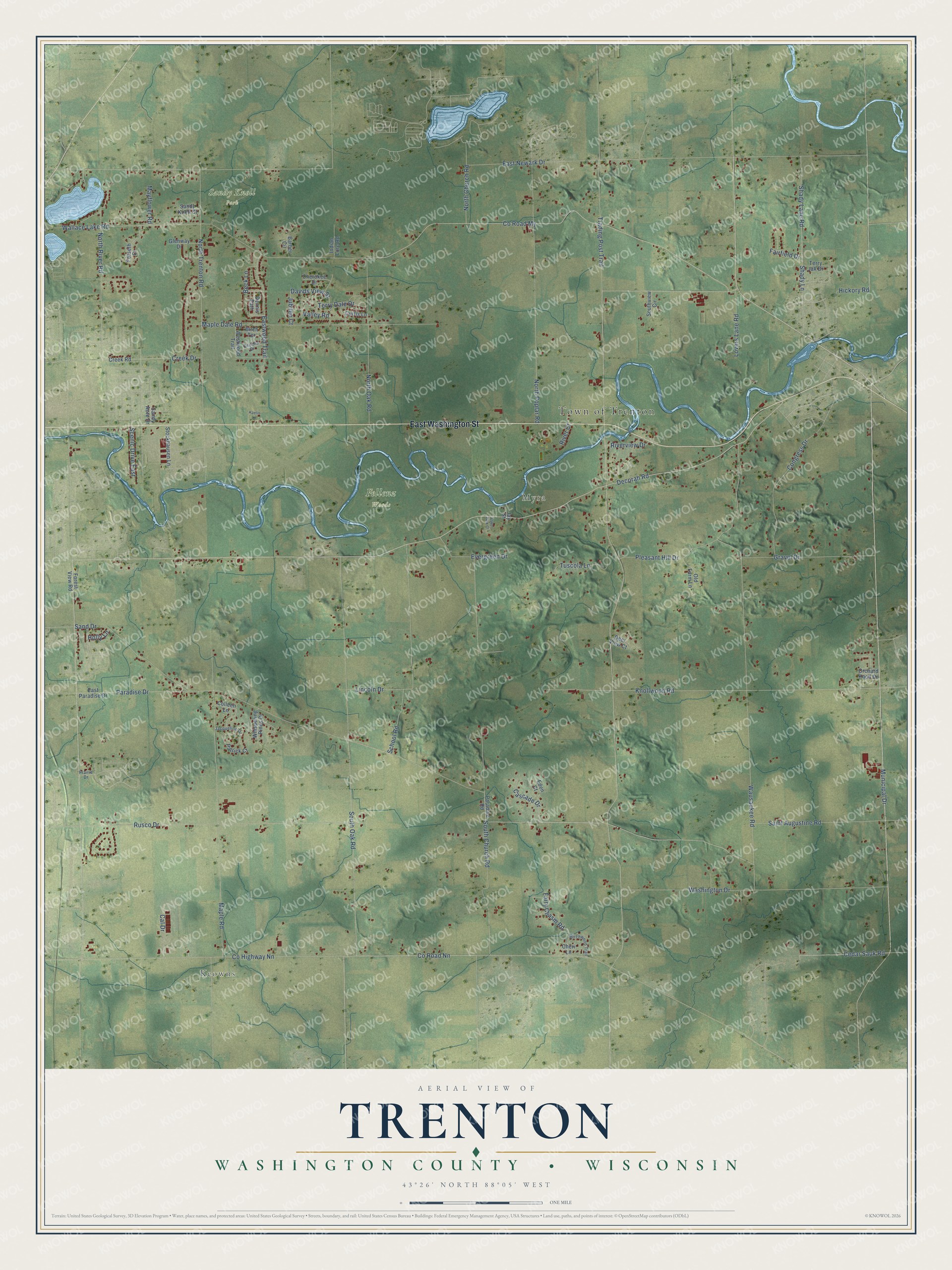 Full map of Trenton, Wisconsin, with red buildings, printed street names and the land around them