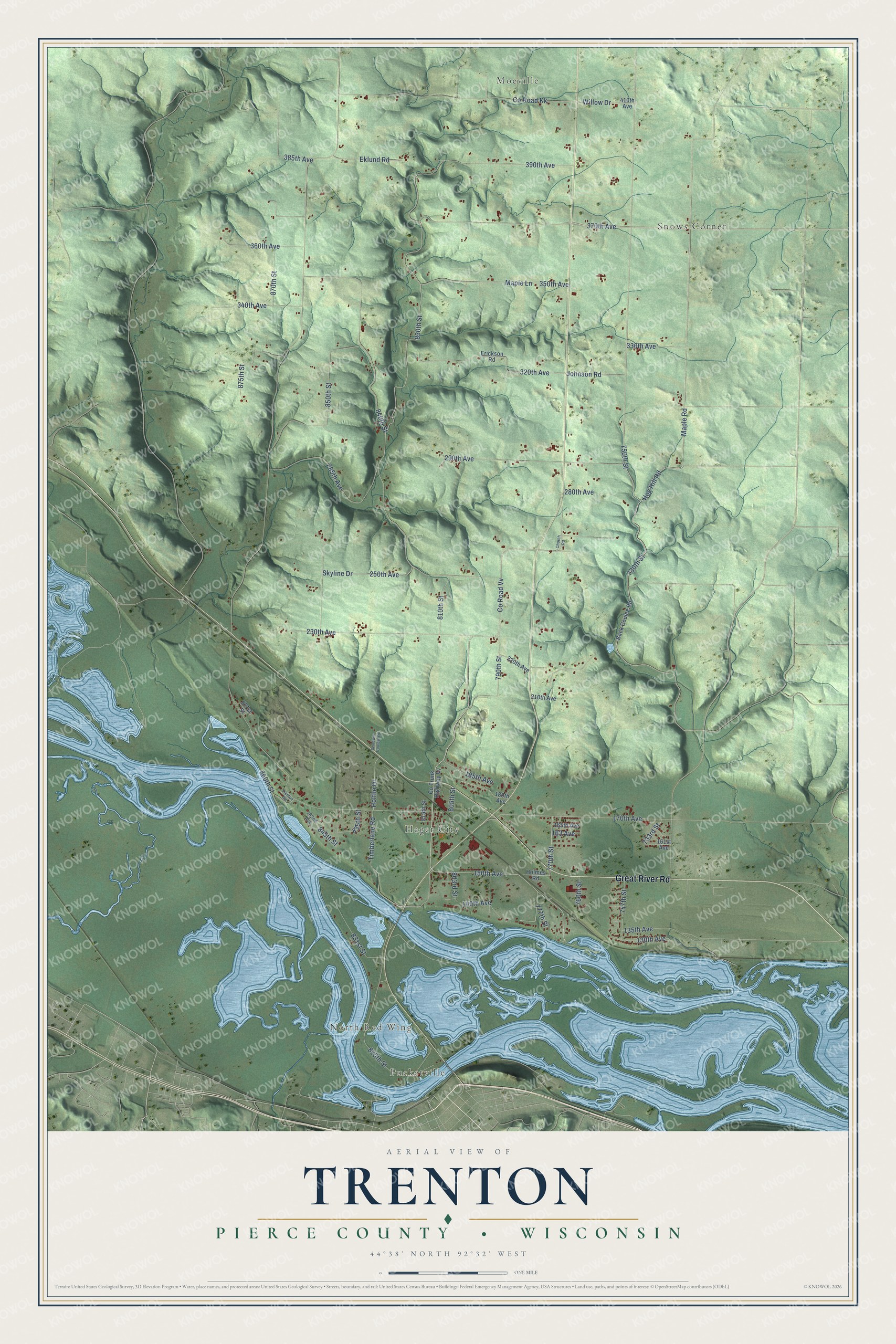 Full map of Trenton, Wisconsin, with red buildings, printed street names and the land around them