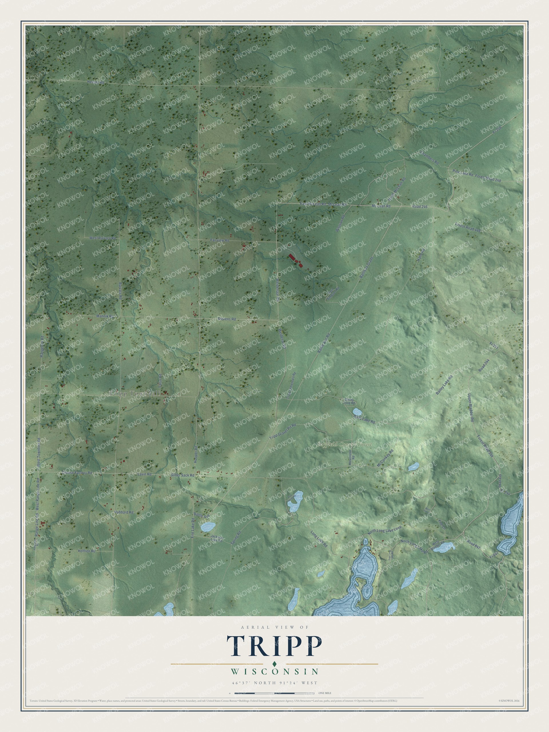 Full map of Tripp, Wisconsin, with red buildings, printed street names and the land around them