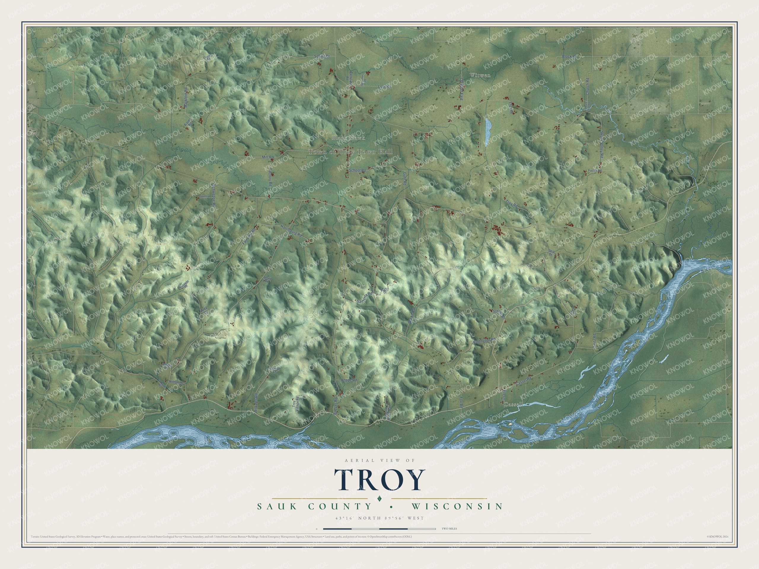 Full map of Troy, Wisconsin, with red buildings, printed street names and the land around them