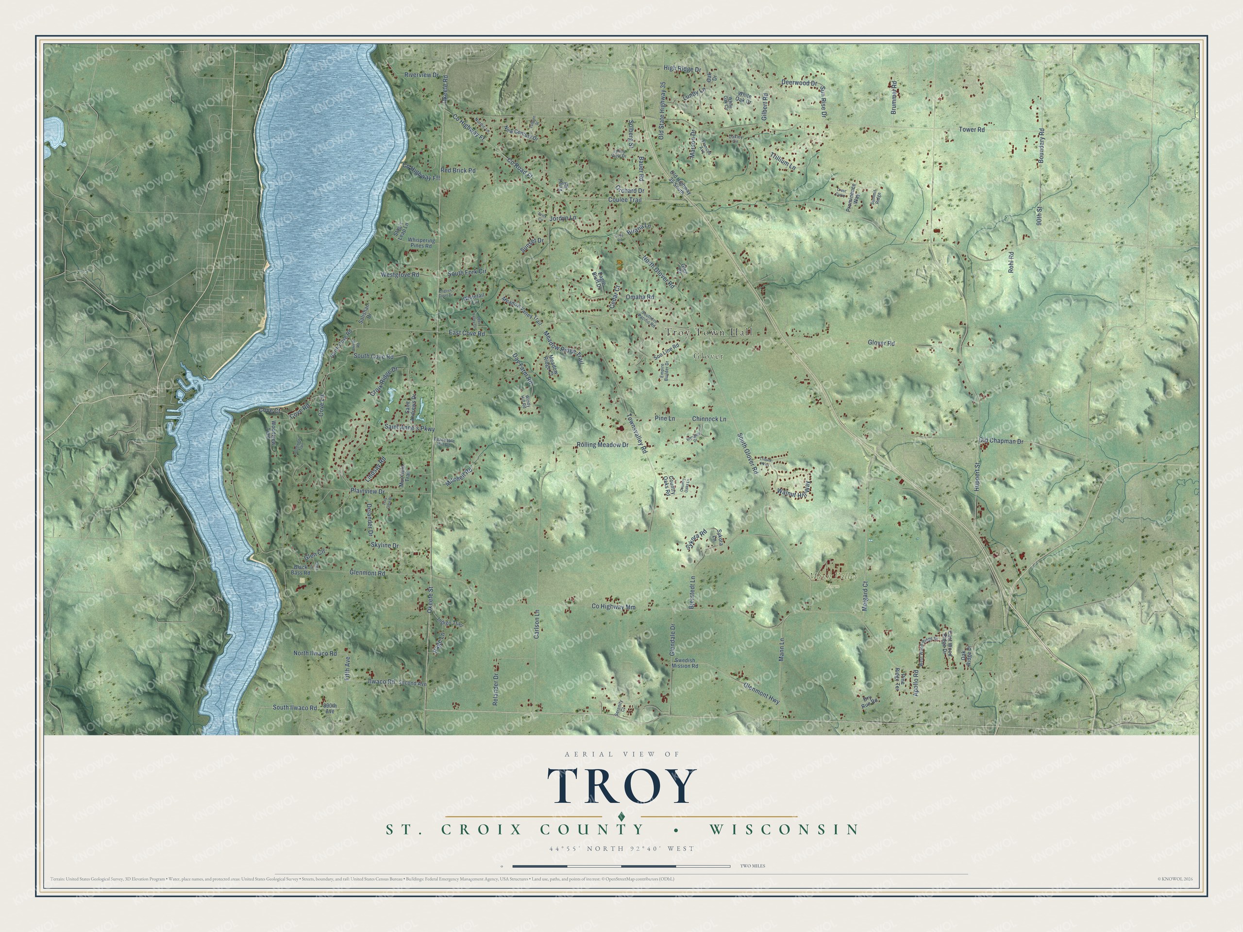 Full map of Troy, Wisconsin, with red buildings, printed street names and the land around them