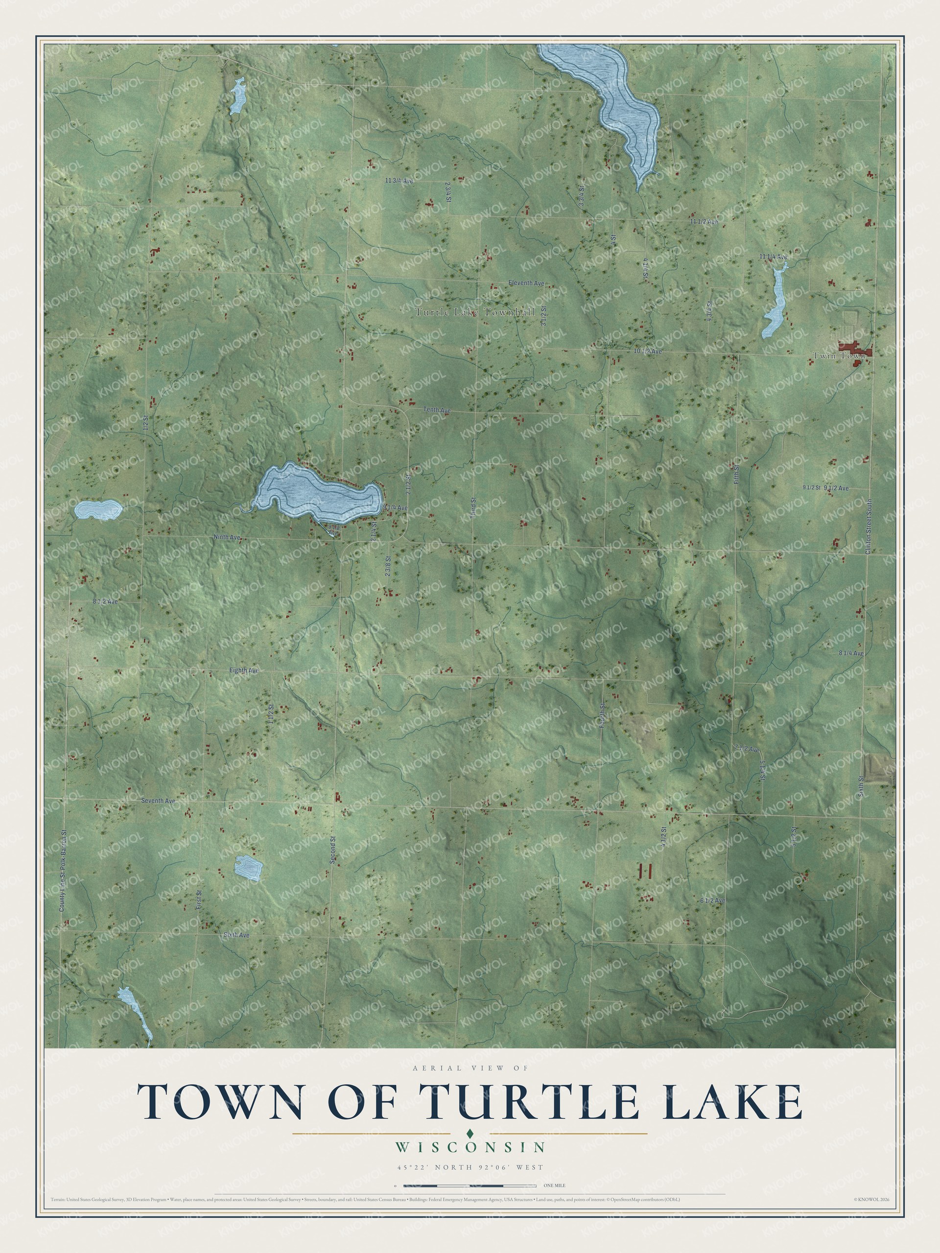 Full map of Turtle Lake, Wisconsin, with red buildings, printed street names and the land around them