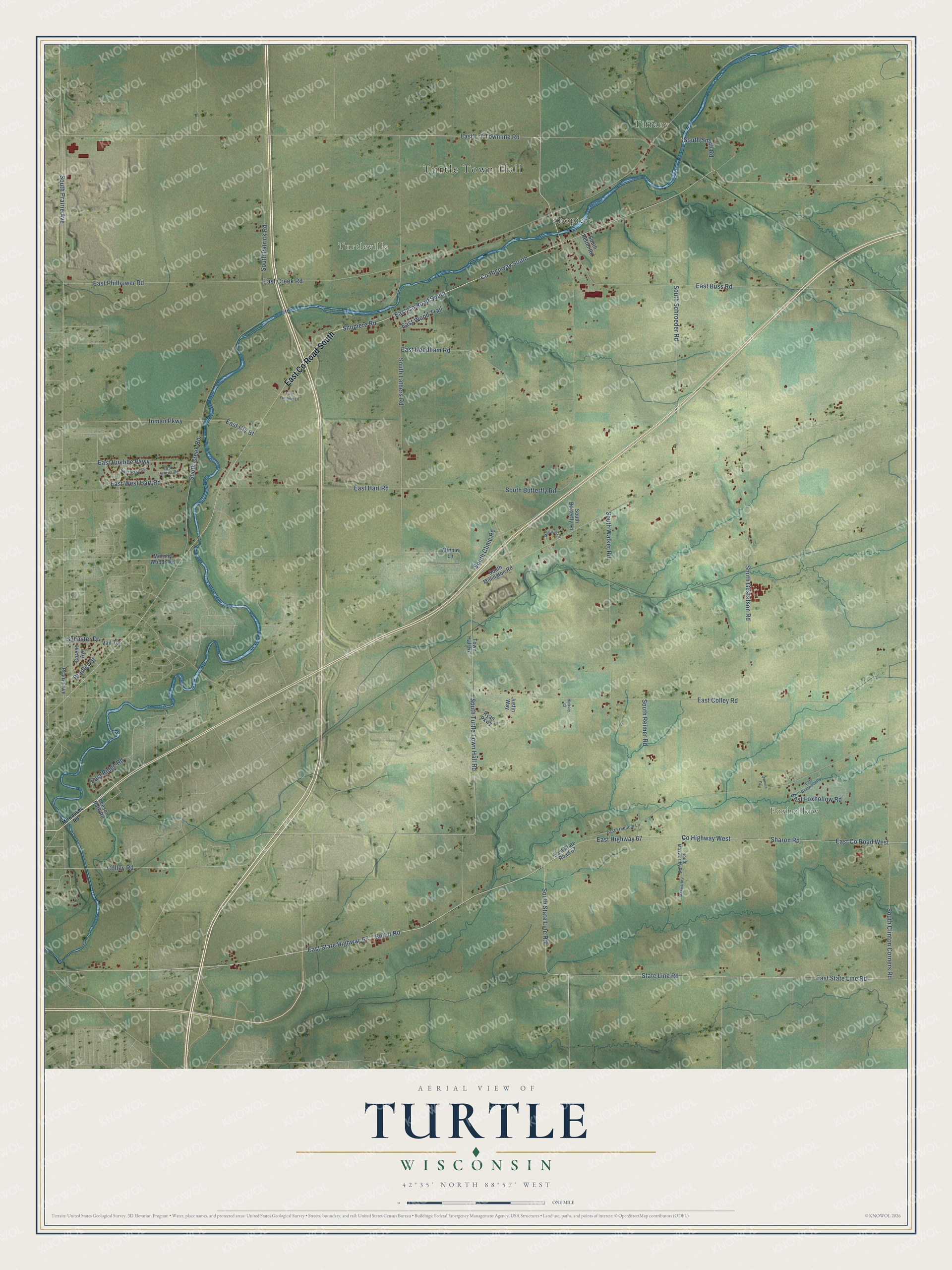 Full map of Turtle, Wisconsin, with red buildings, printed street names and the land around them