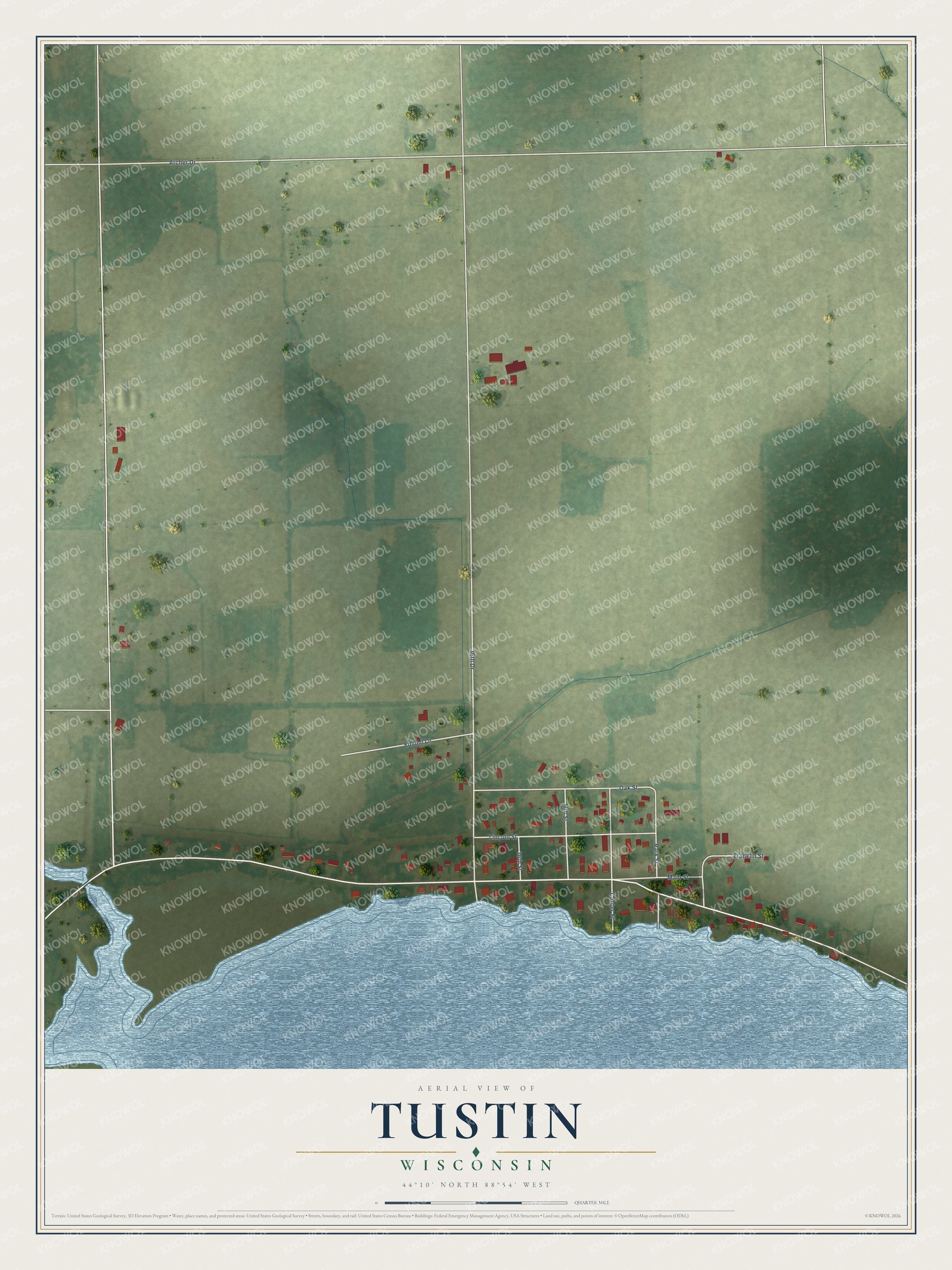 Full map of Tustin, Wisconsin, with red buildings, printed street names and the land around them