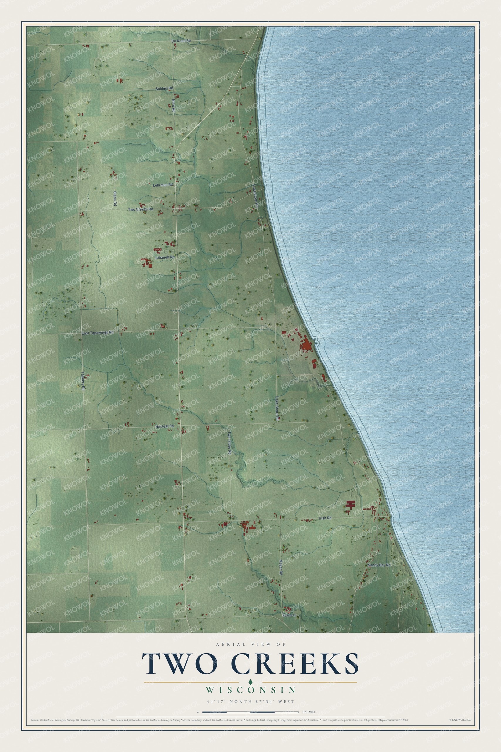 Full map of Two Creeks, Wisconsin, with red buildings, printed street names and the land around them