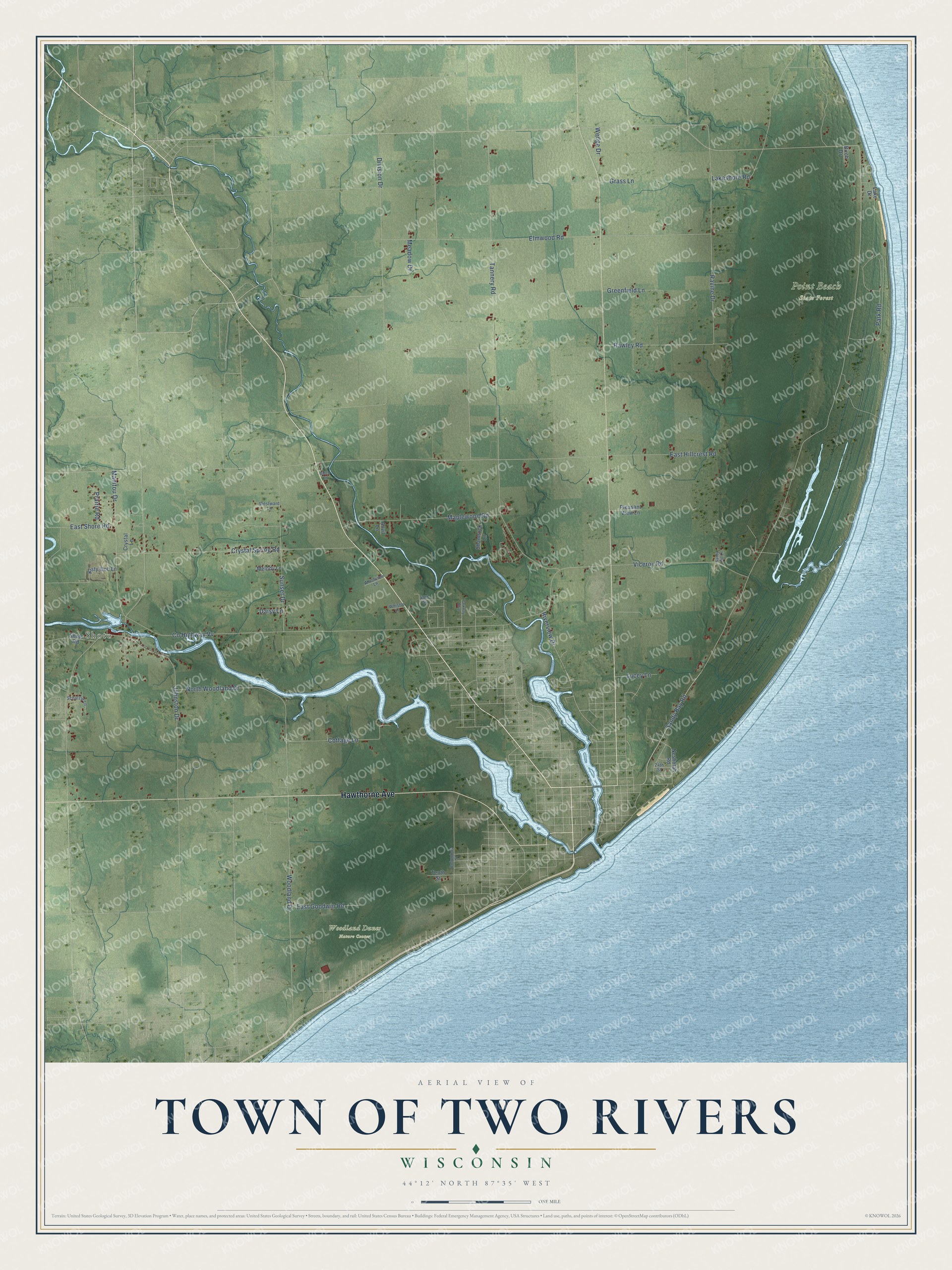 Full map of Two Rivers, Wisconsin, with red buildings, printed street names and the land around them