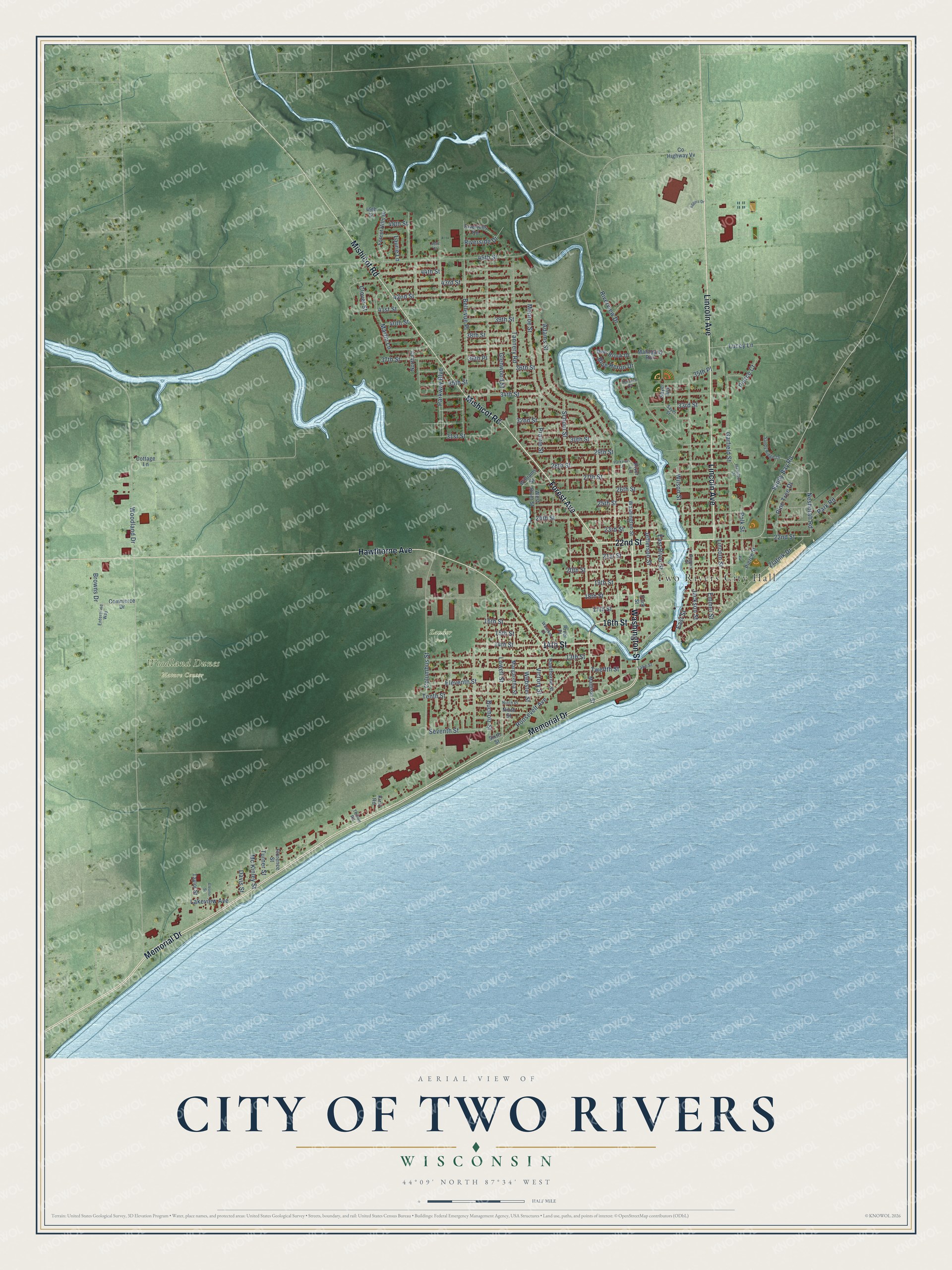 Full map of Two Rivers, Wisconsin, with red buildings, printed street names and the land around them