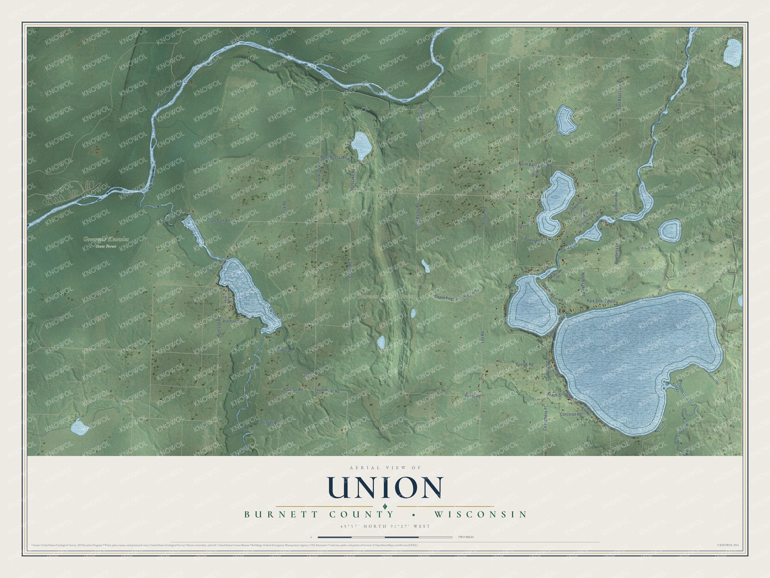 Full map of Union, Wisconsin, with red buildings, printed street names and the land around them