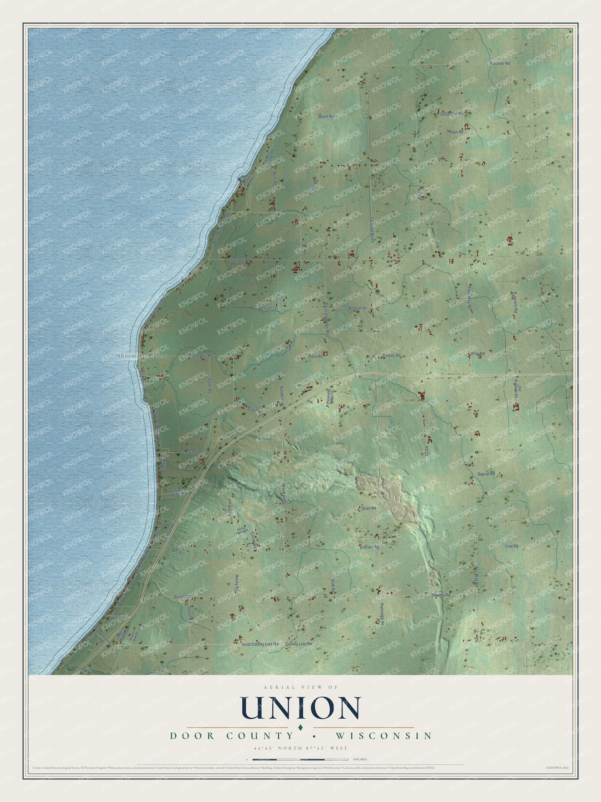 Full map of Union, Wisconsin, with red buildings, printed street names and the land around them