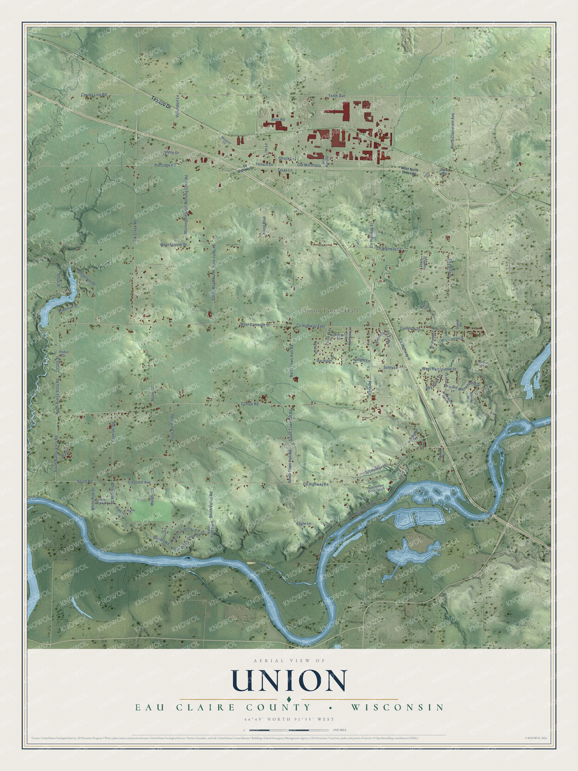 Full map of Union, Wisconsin, with red buildings, printed street names and the land around them