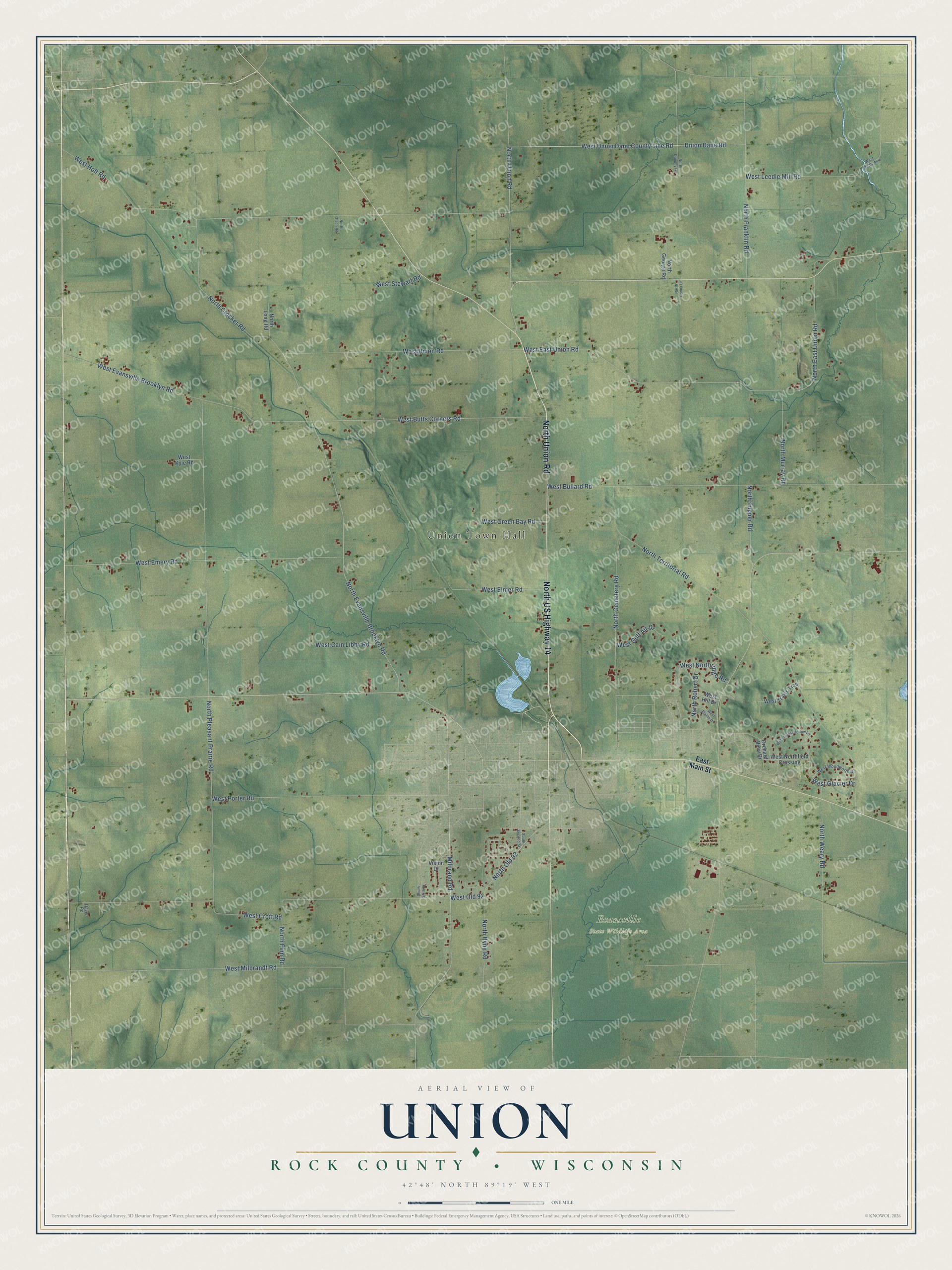 Full map of Union, Wisconsin, with red buildings, printed street names and the land around them