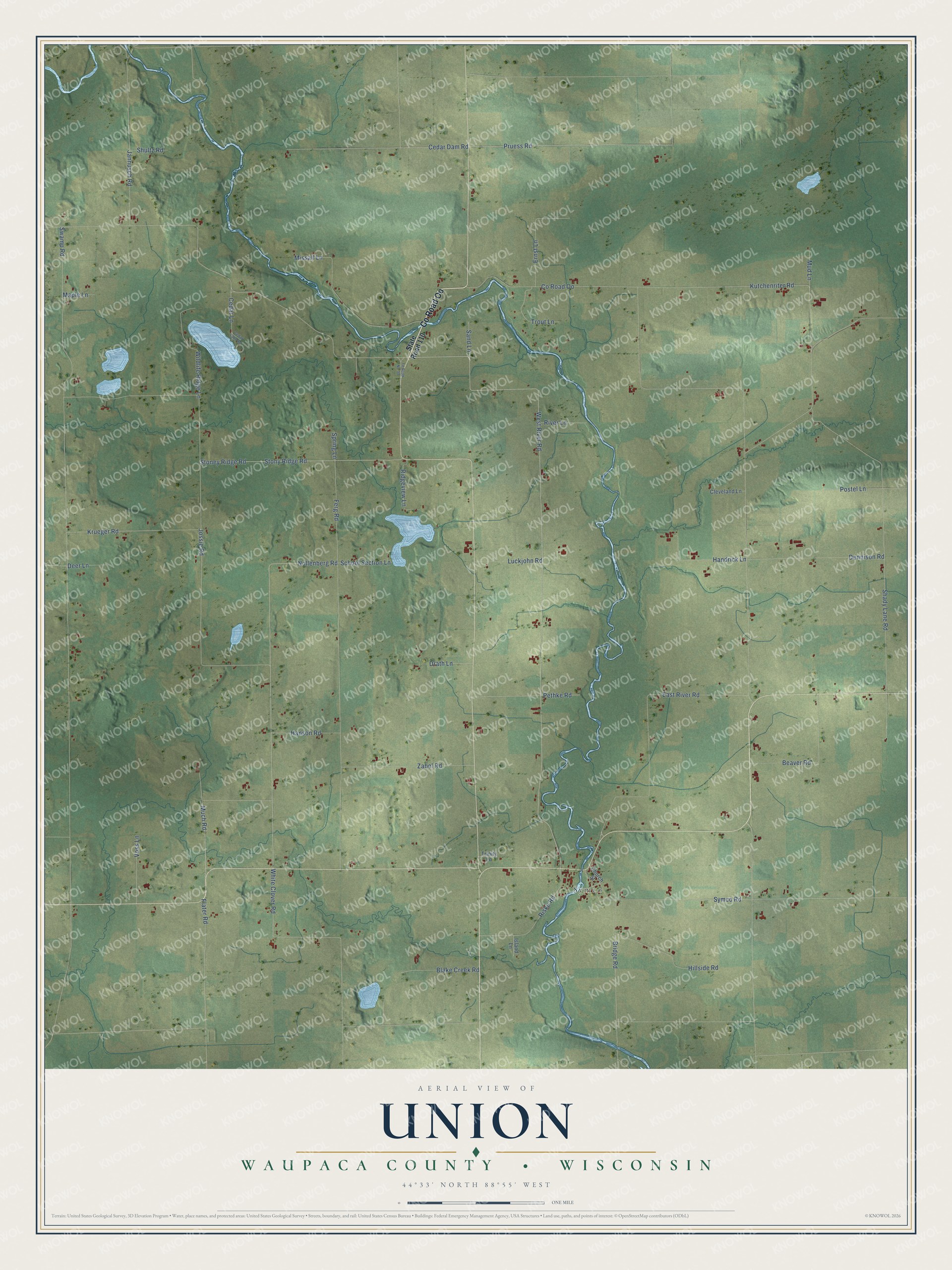 Full map of Union, Wisconsin, with red buildings, printed street names and the land around them