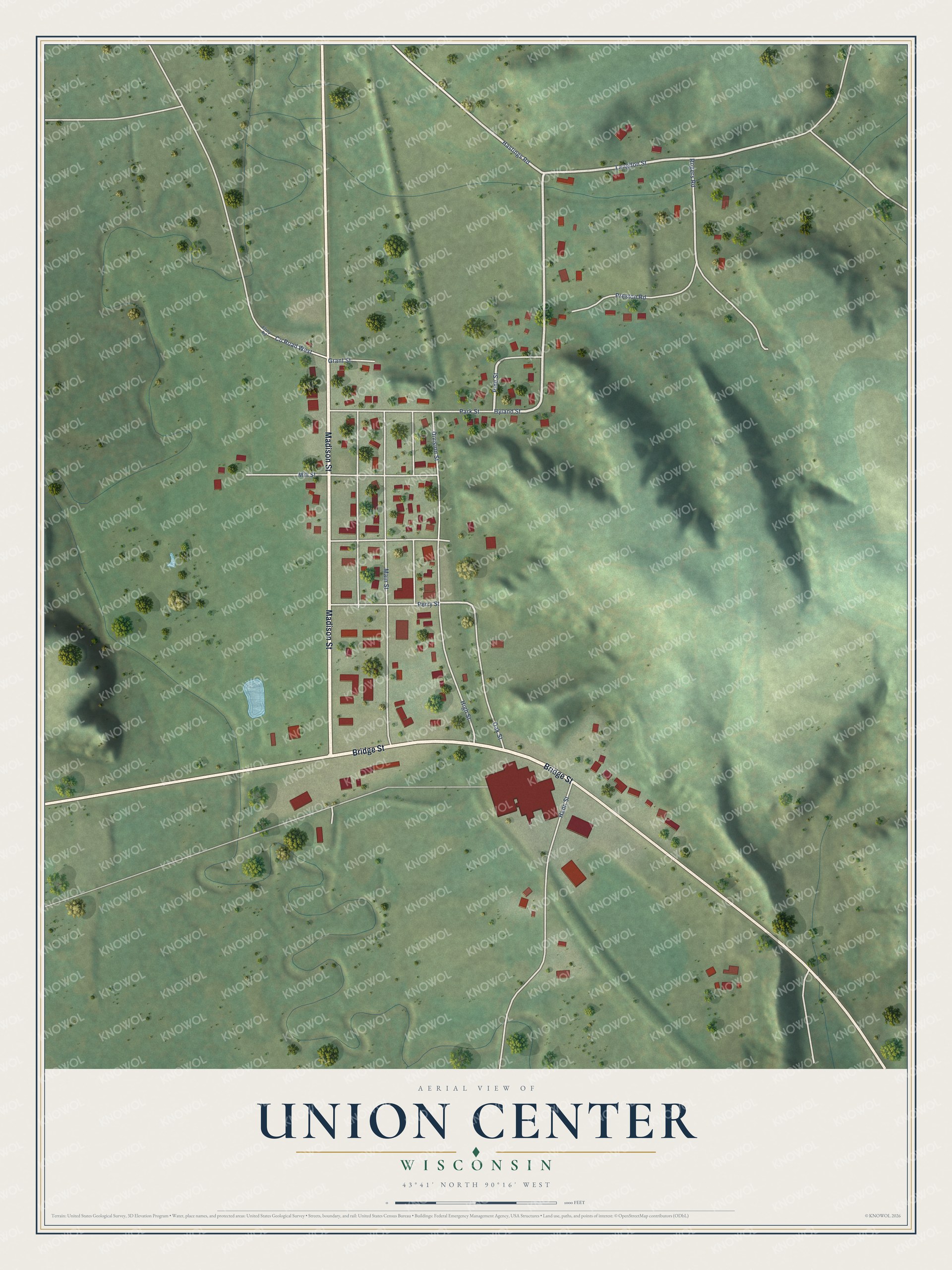 Full map of Union Center, Wisconsin, with red buildings, printed street names and the land around them