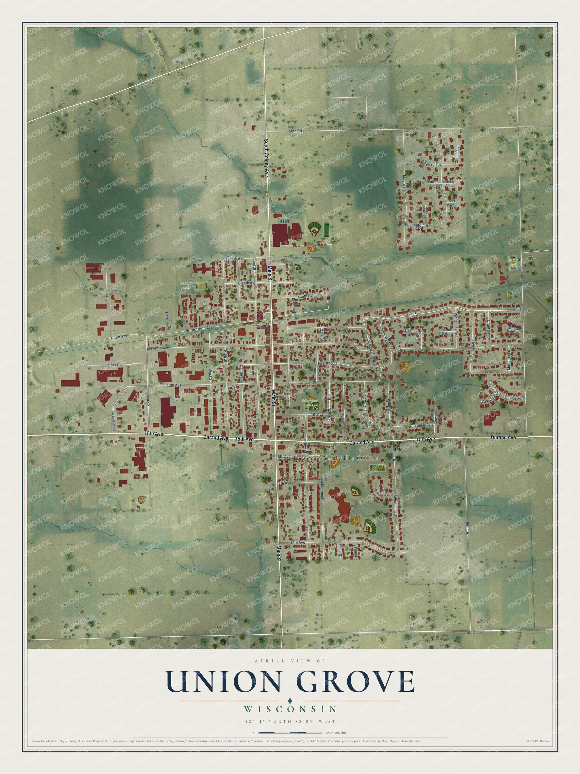 Full map of Union Grove, Wisconsin, with red buildings, printed street names and the land around them