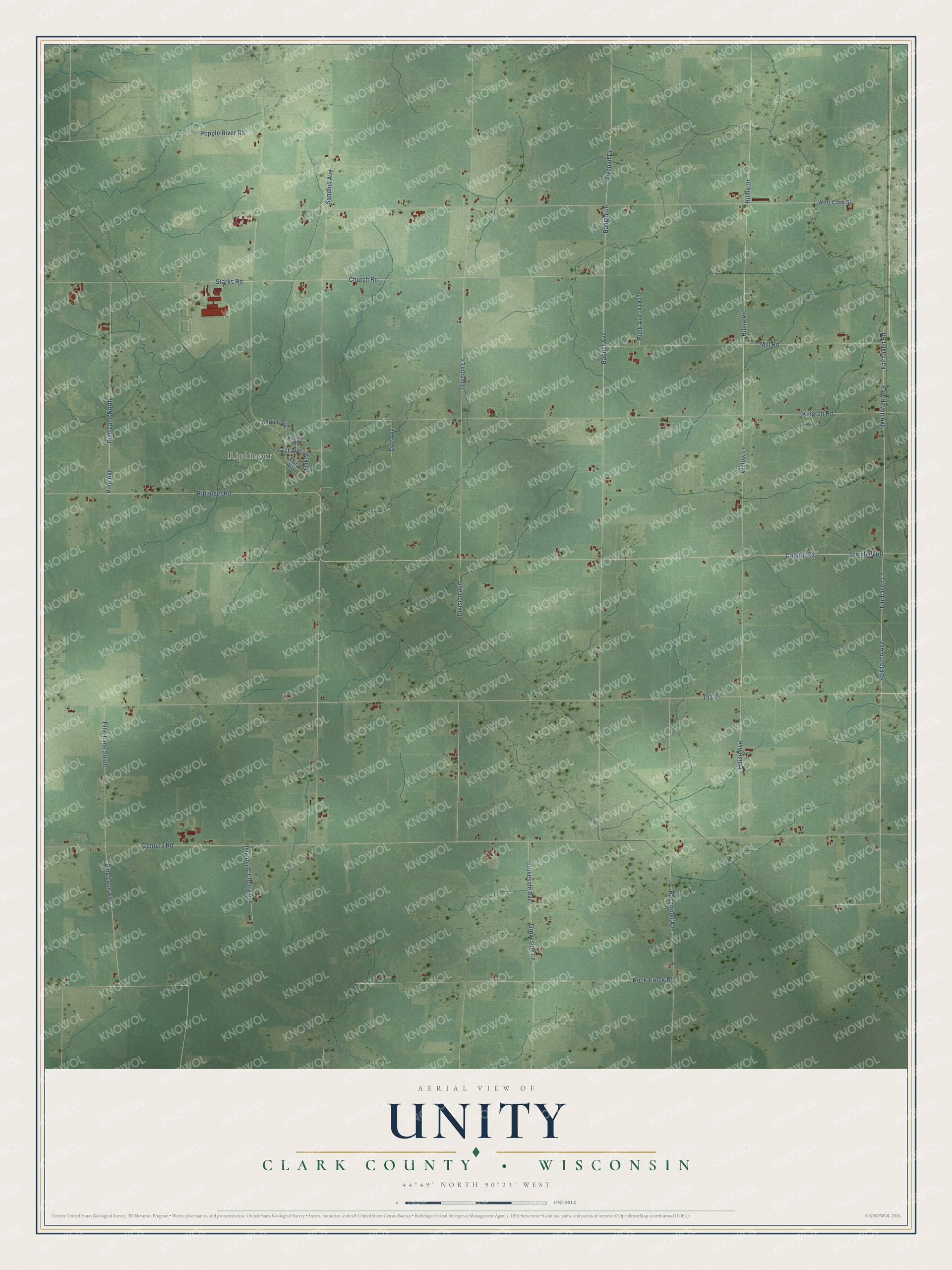 Full map of Unity, Wisconsin, with red buildings, printed street names and the land around them