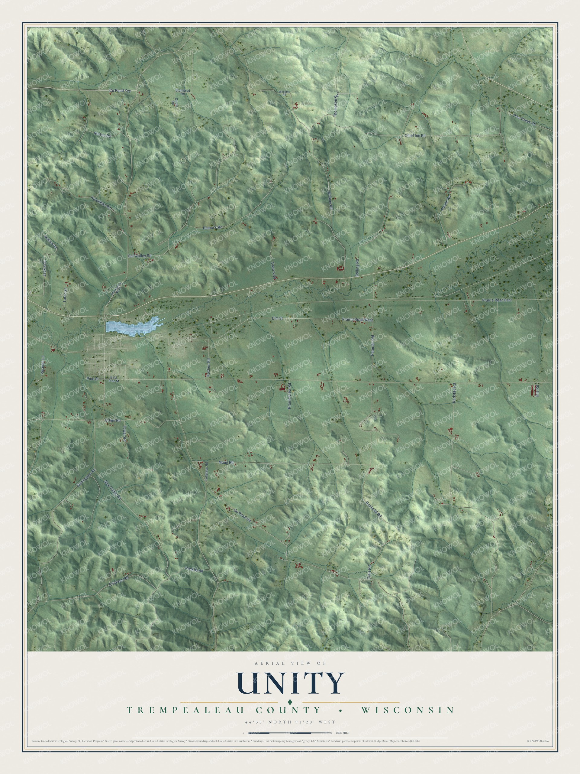 Full map of Unity, Wisconsin, with red buildings, printed street names and the land around them