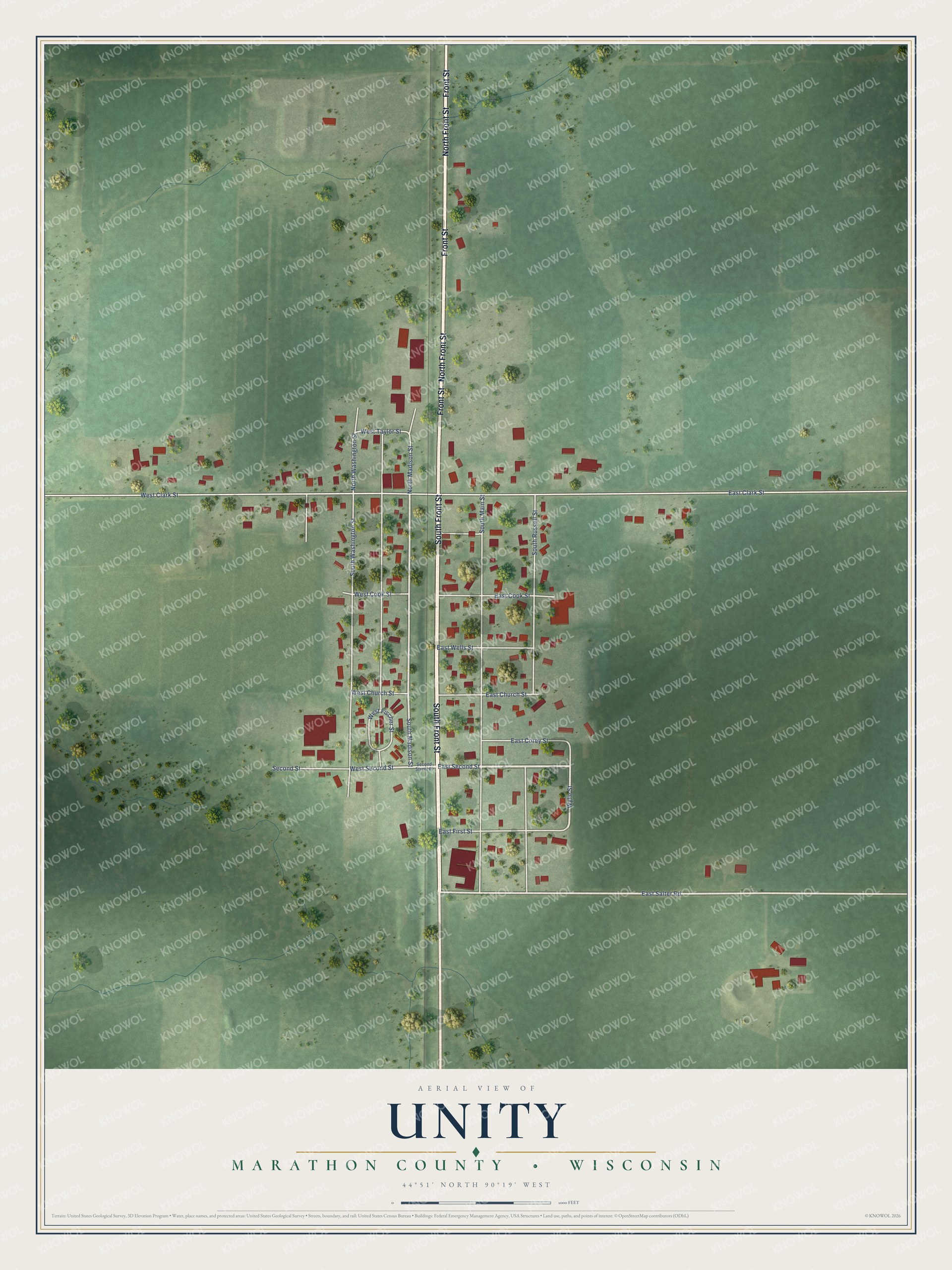 Full map of Unity, Wisconsin, with red buildings, printed street names and the land around them