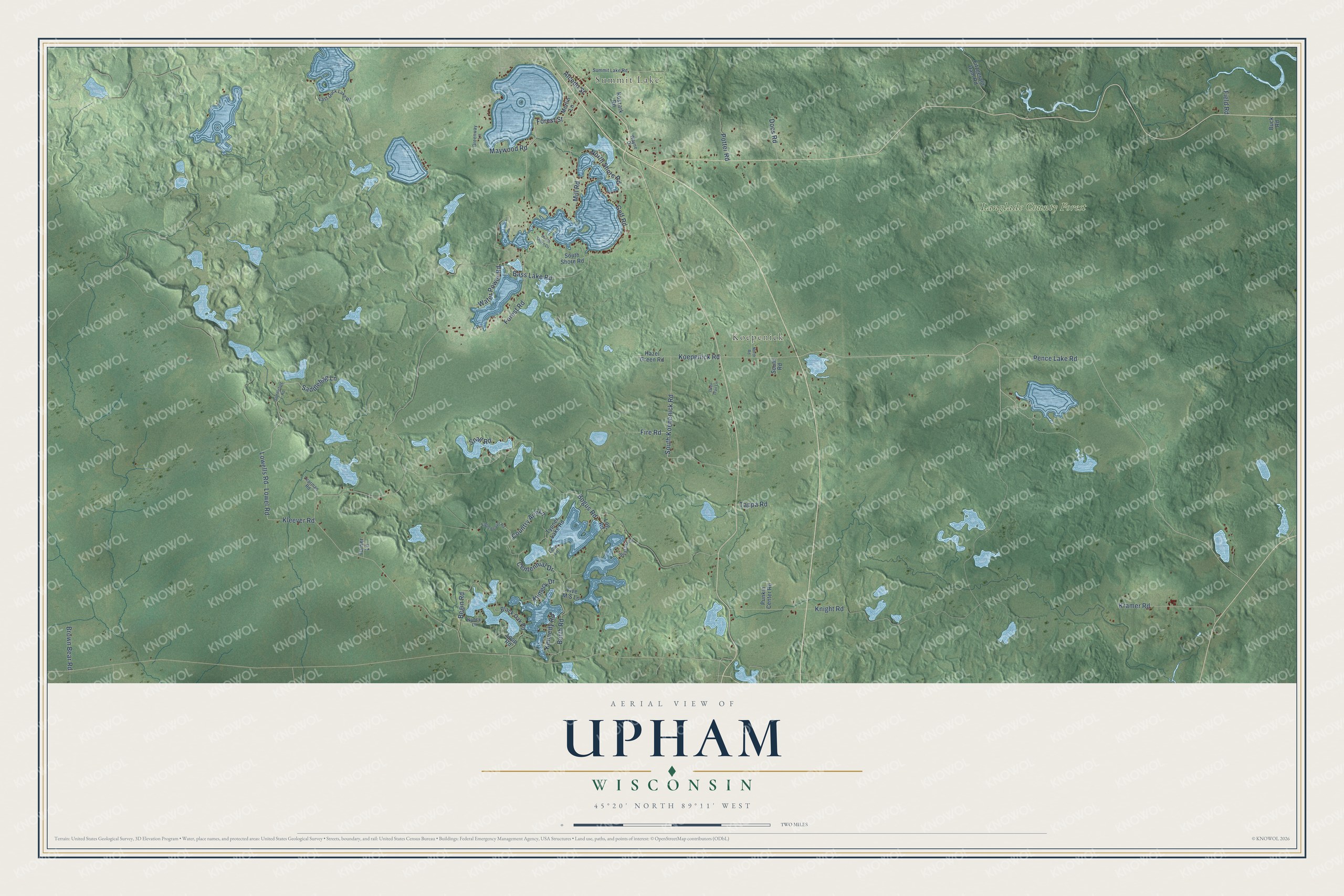 Full map of Upham, Wisconsin, with red buildings, printed street names and the land around them
