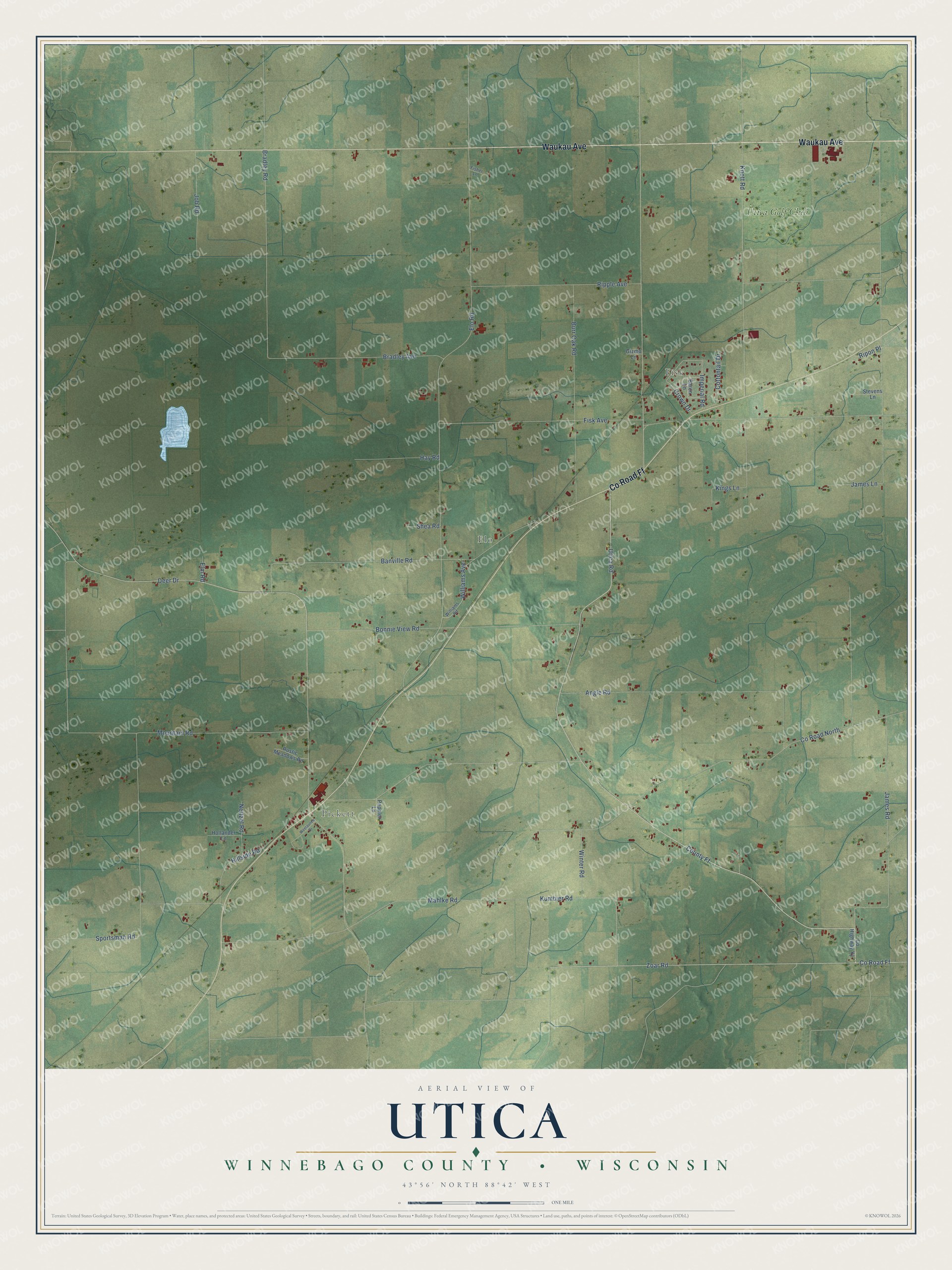 Full map of Utica, Wisconsin, with red buildings, printed street names and the land around them