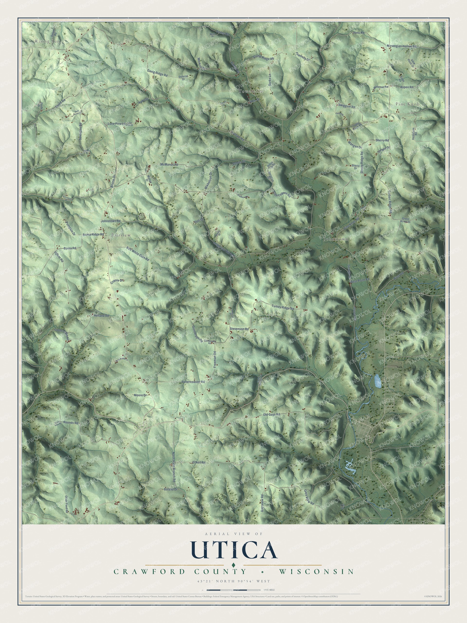 Full map of Utica, Wisconsin, with red buildings, printed street names and the land around them
