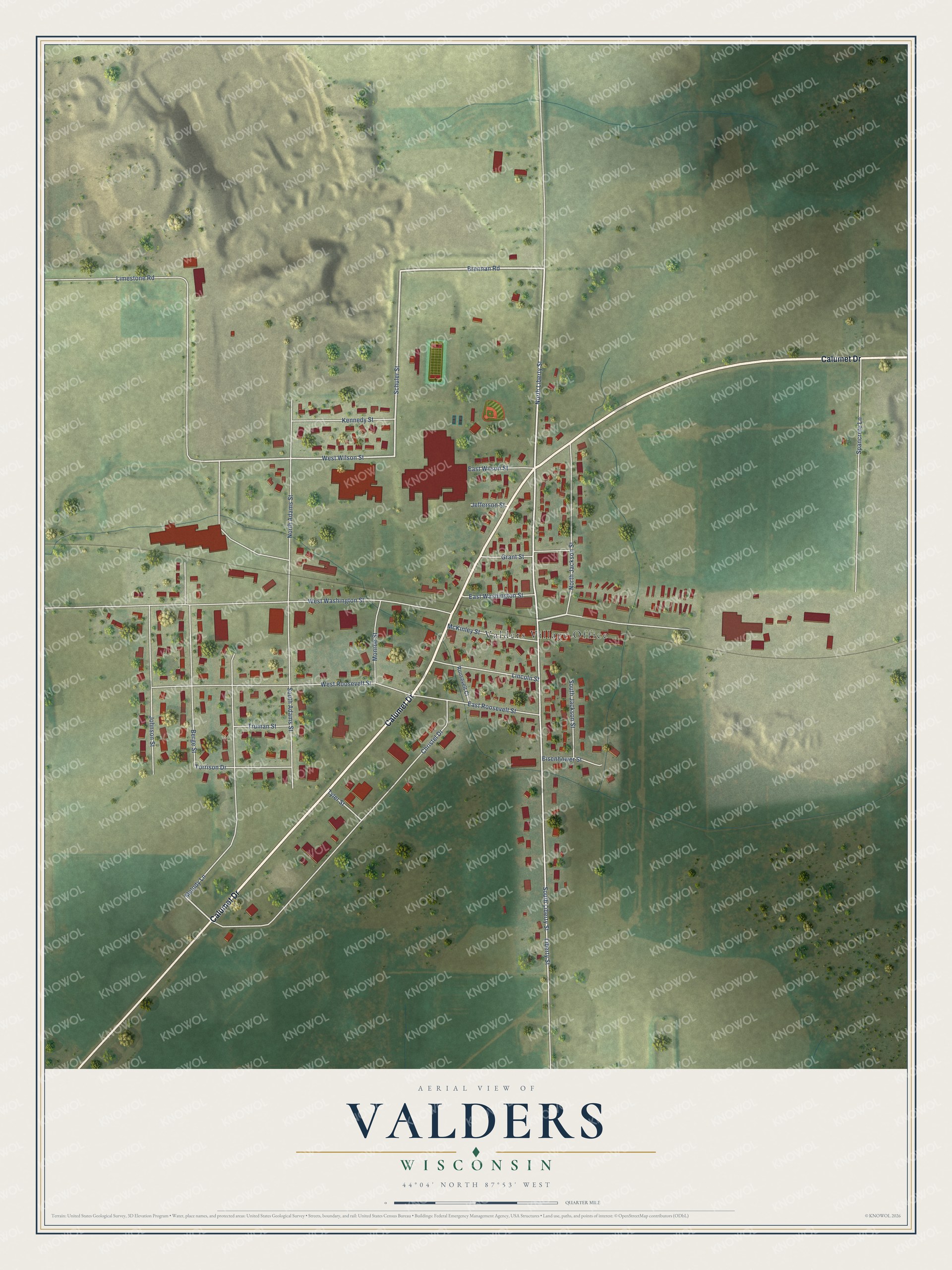 Full map of Valders, Wisconsin, with red buildings, printed street names and the land around them