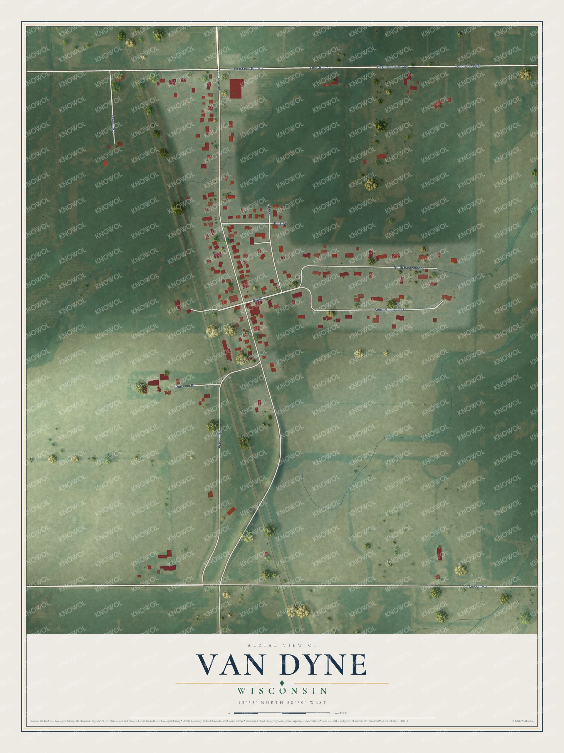 Full map of Van Dyne, Wisconsin, with red buildings, printed street names and the land around them