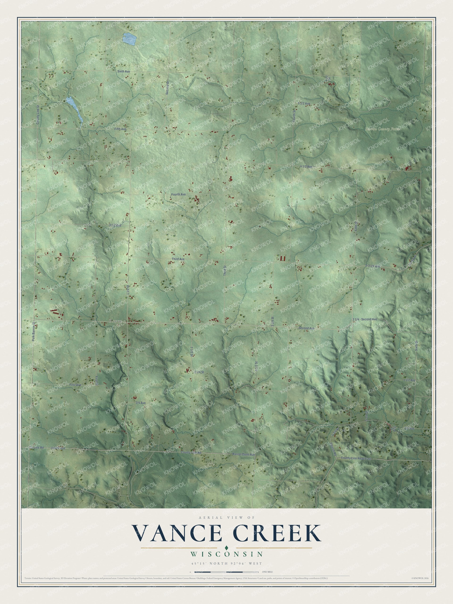 Full map of Vance Creek, Wisconsin, with red buildings, printed street names and the land around them