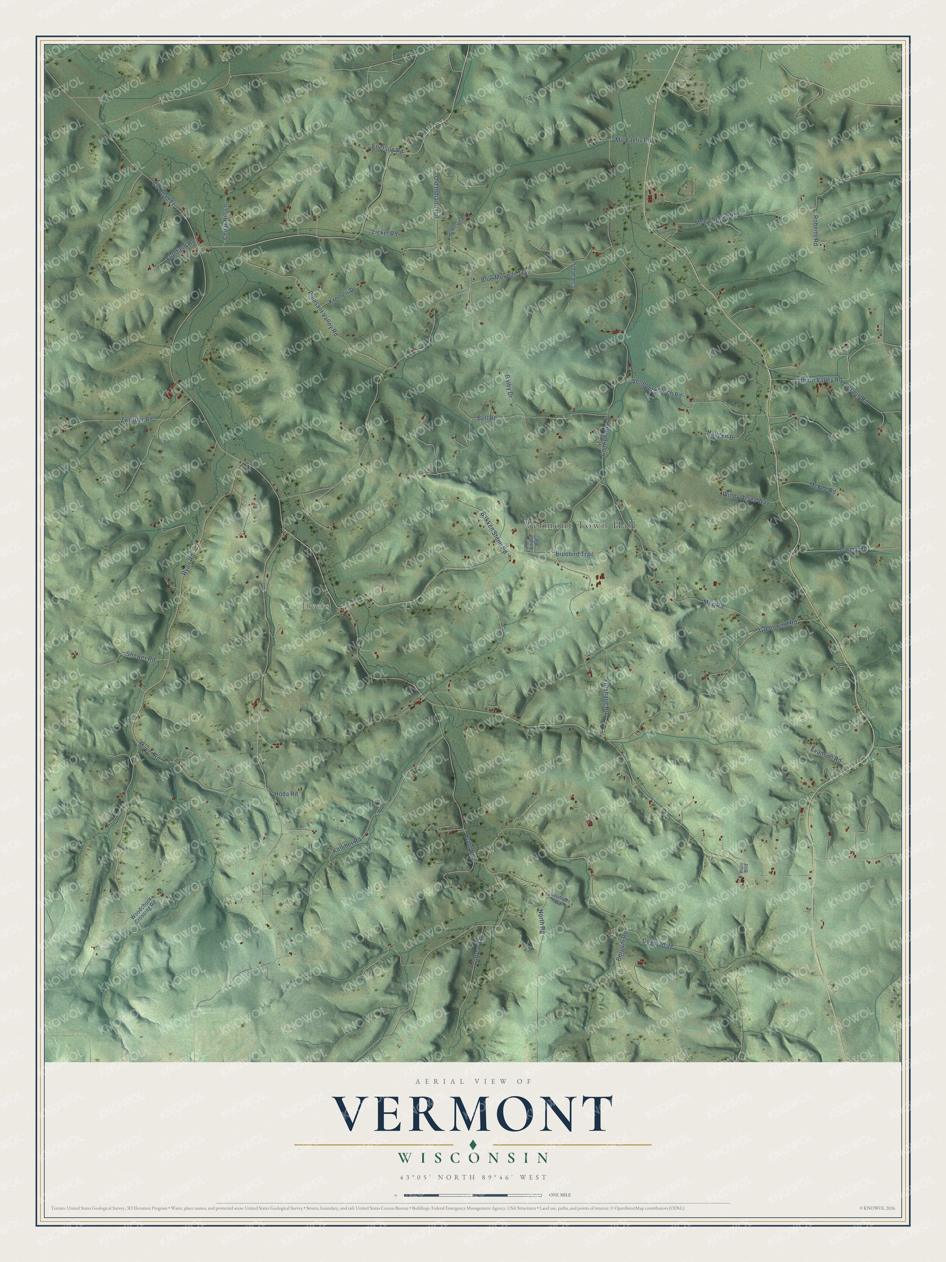Full map of Vermont, Wisconsin, with red buildings, printed street names and the land around them