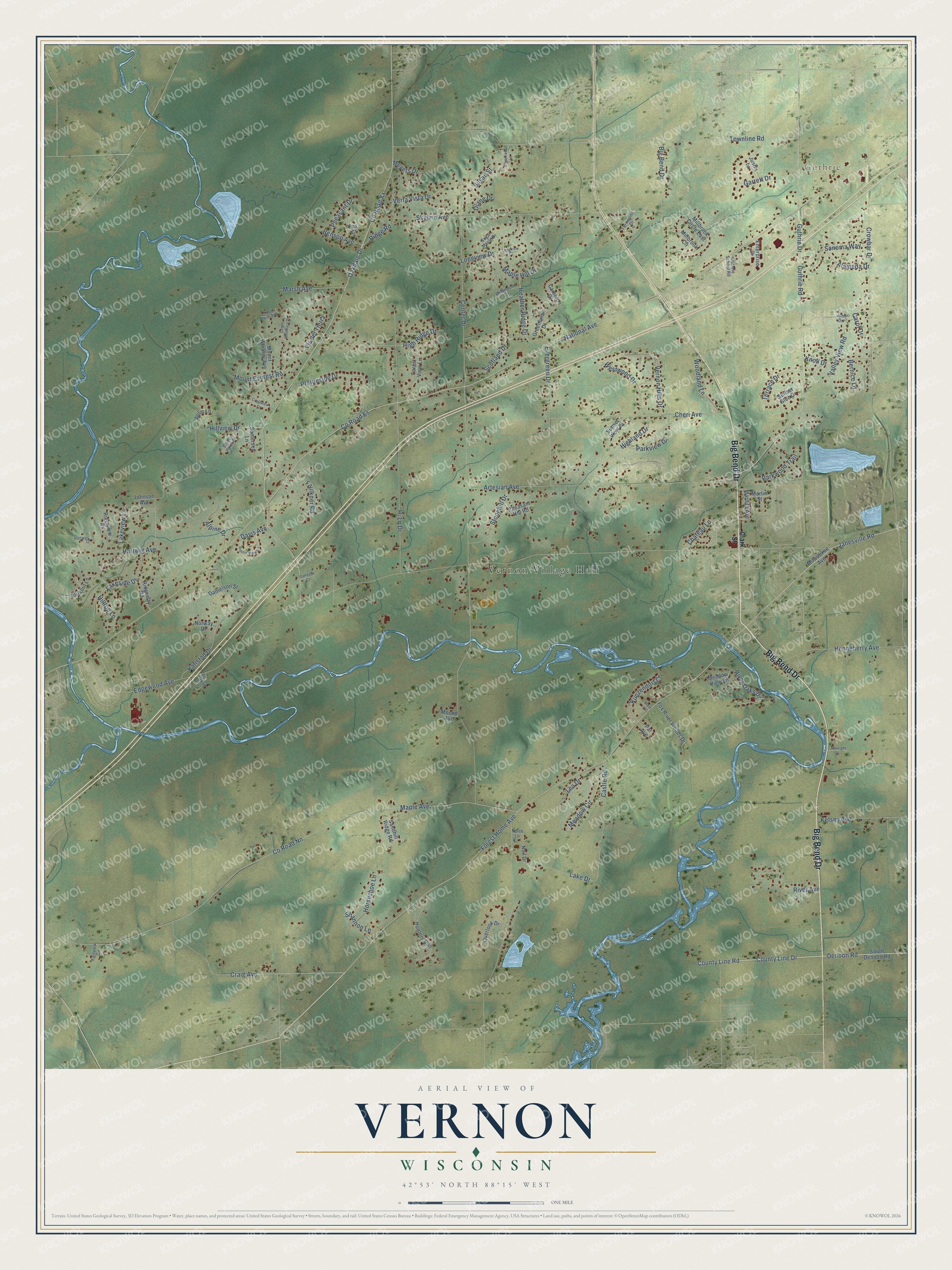 Full map of Vernon, Wisconsin, with red buildings, printed street names and the land around them