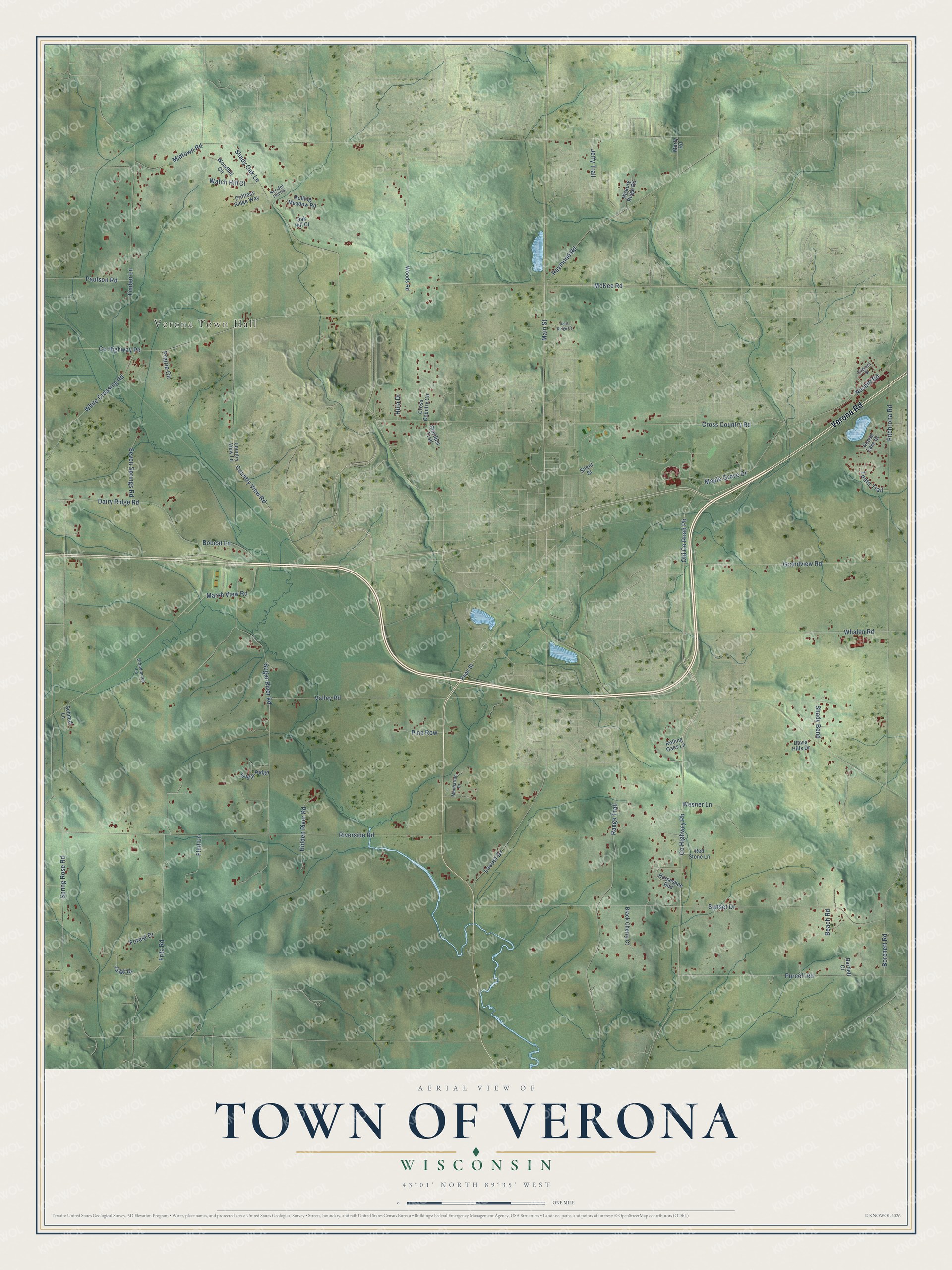 Full map of Verona, Wisconsin, with red buildings, printed street names and the land around them