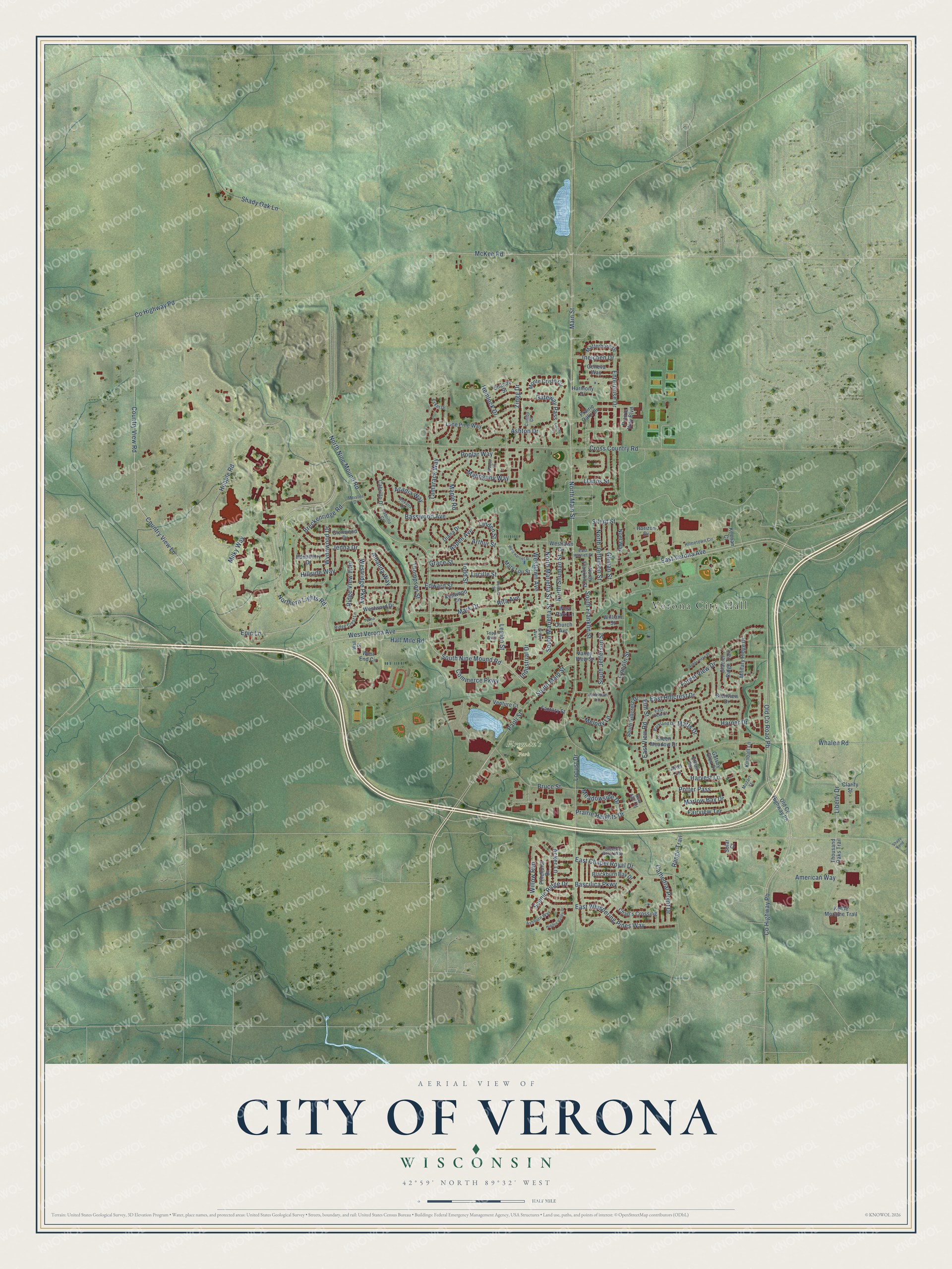 Full map of Verona, Wisconsin, with red buildings, printed street names and the land around them