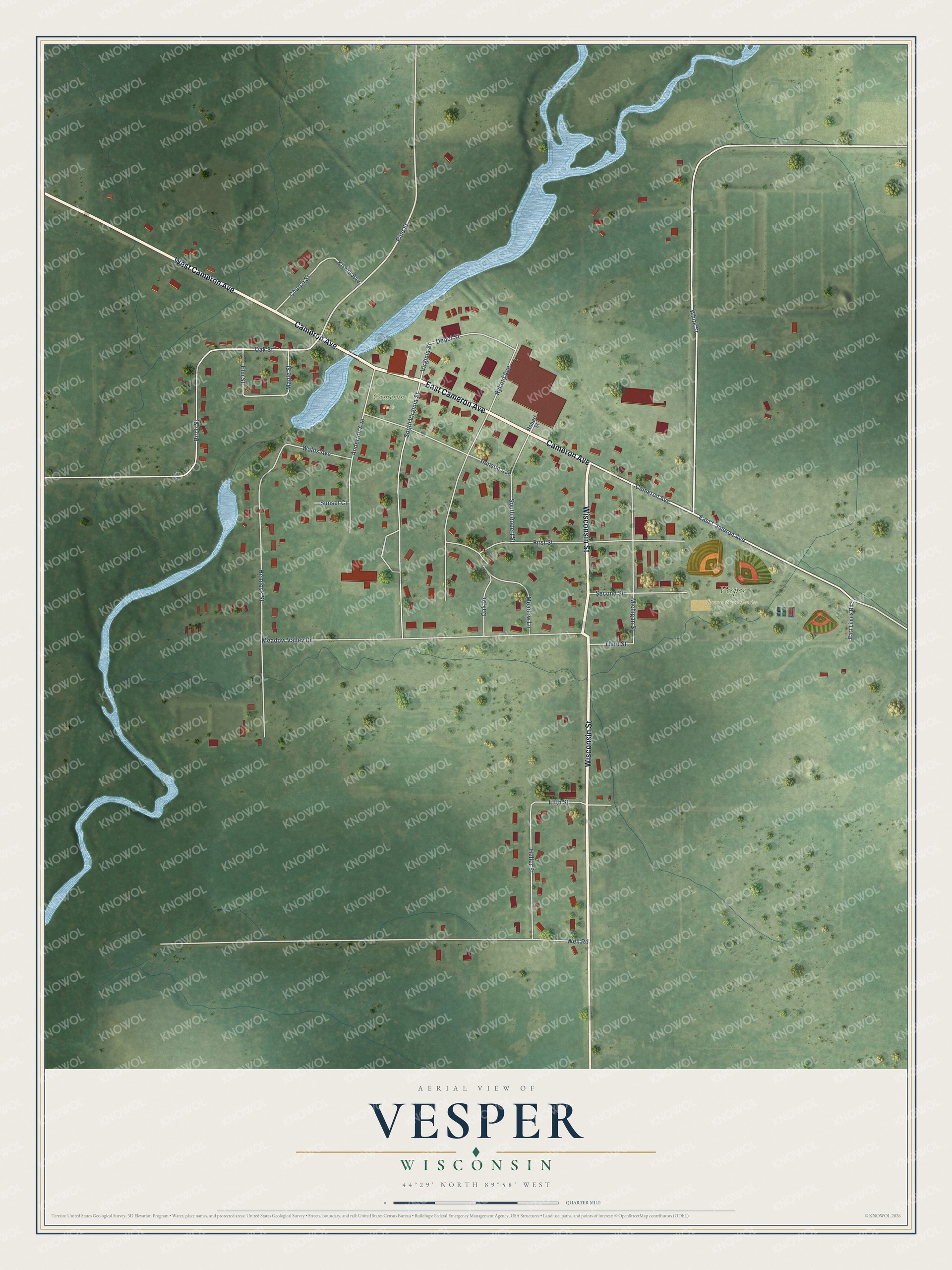 Full map of Vesper, Wisconsin, with red buildings, printed street names and the land around them