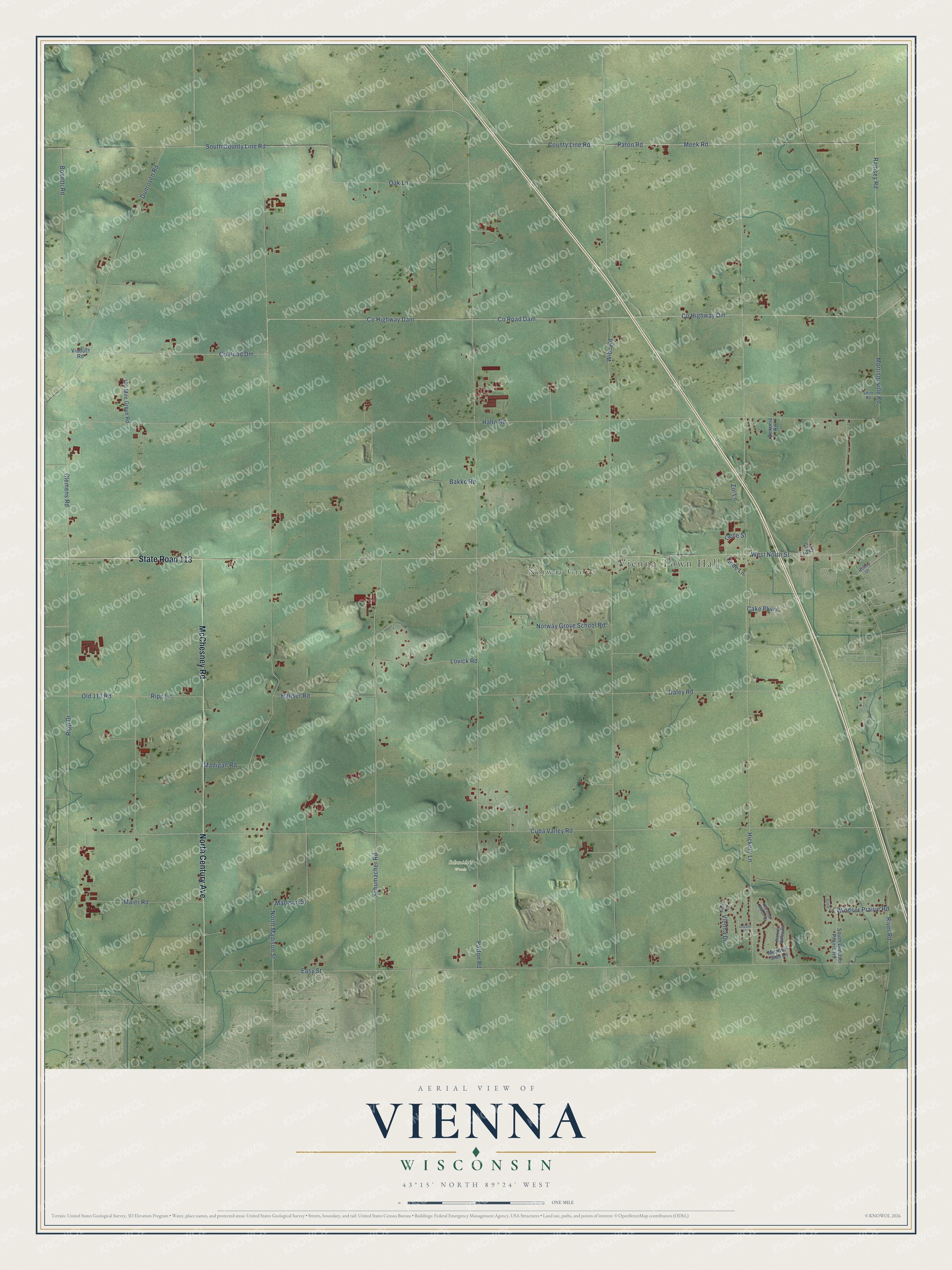 Full map of Vienna, Wisconsin, with red buildings, printed street names and the land around them