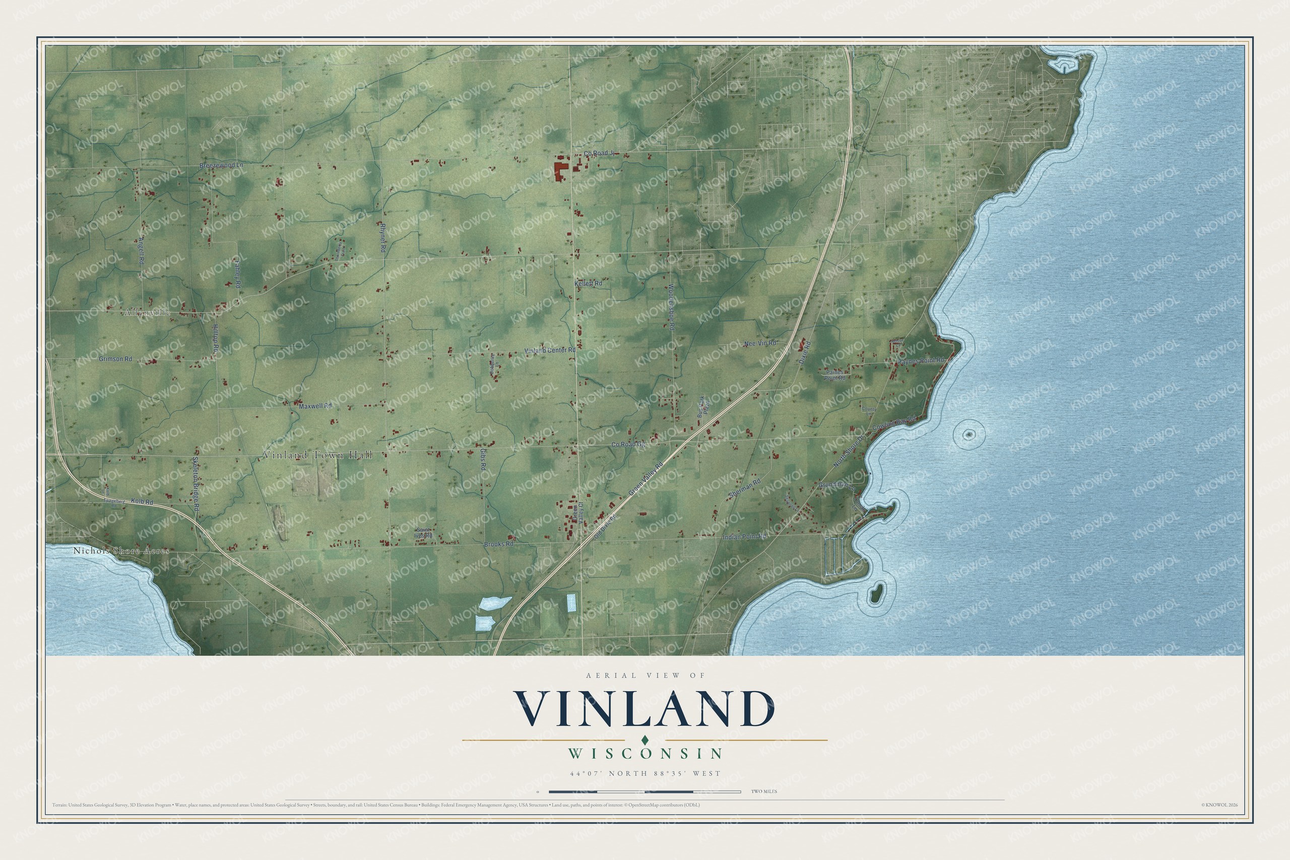 Full map of Vinland, Wisconsin, with red buildings, printed street names and the land around them