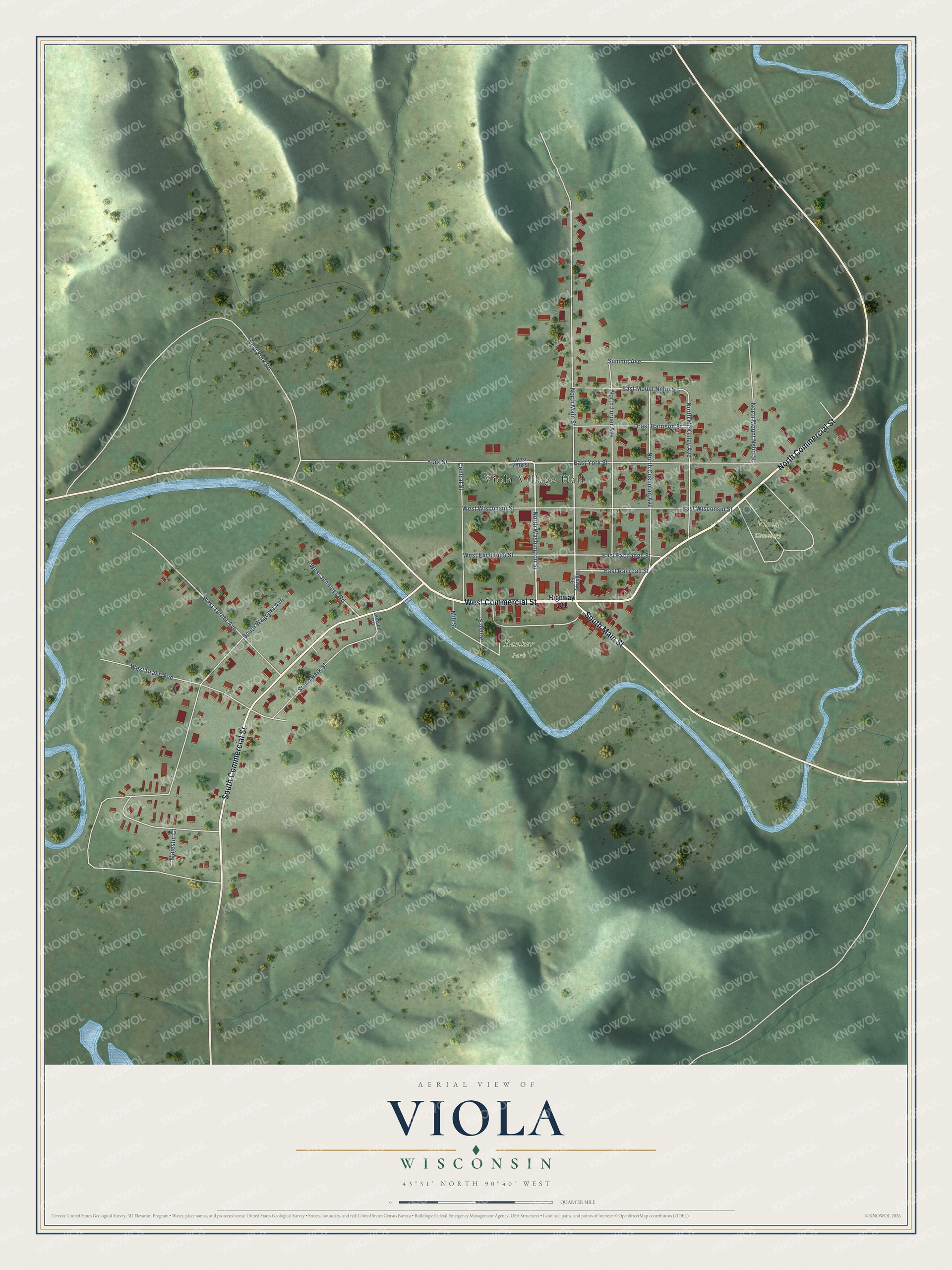 Full map of Viola, Wisconsin, with red buildings, printed street names and the land around them