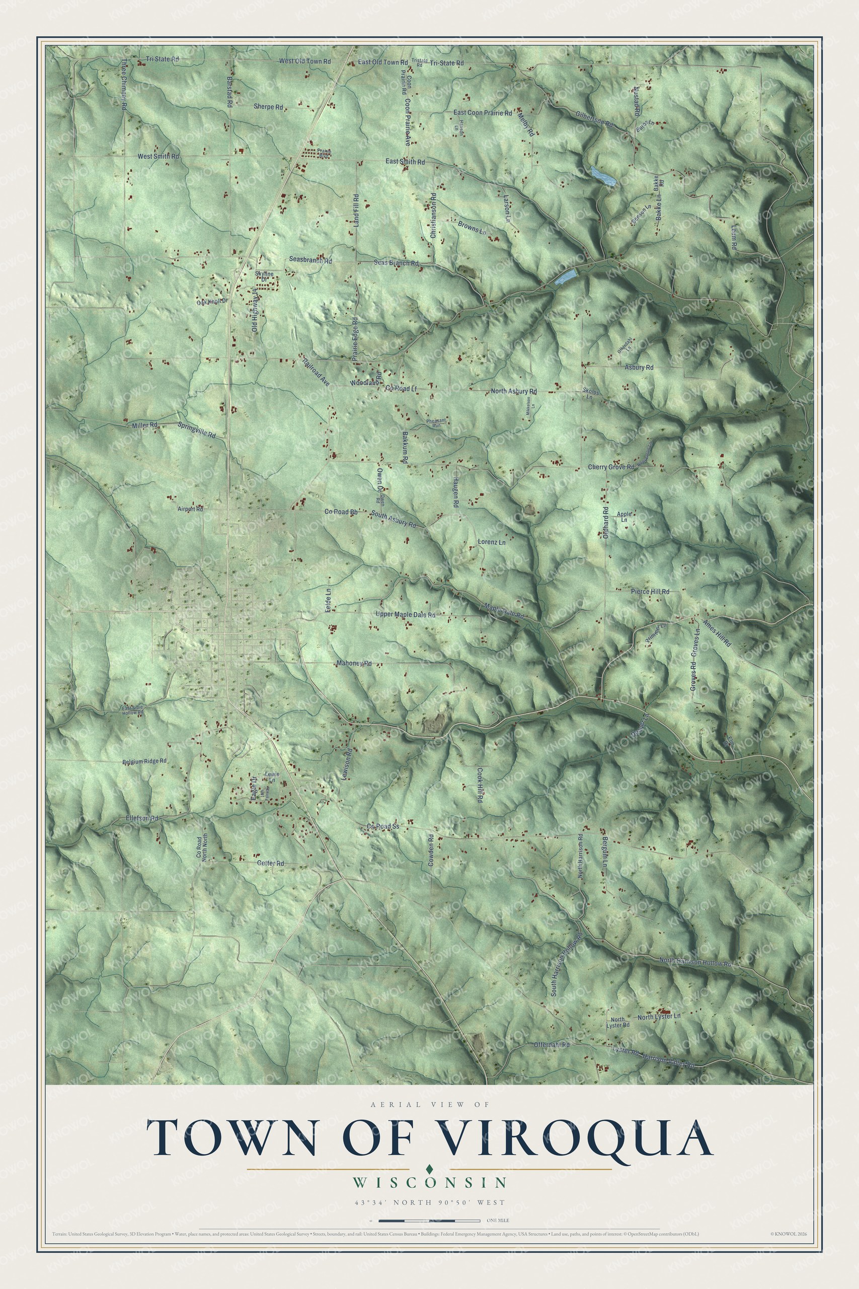 Full map of Viroqua, Wisconsin, with red buildings, printed street names and the land around them