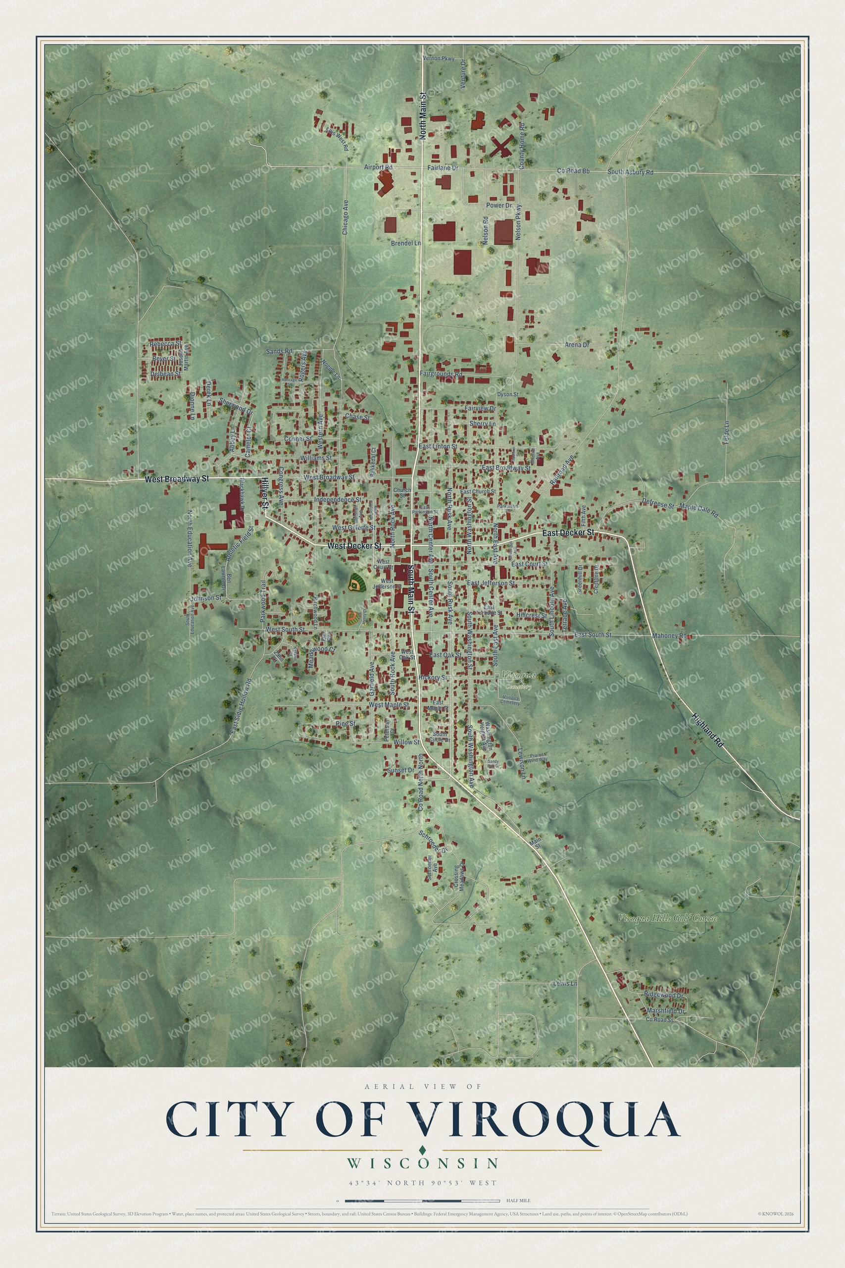 Full map of Viroqua, Wisconsin, with red buildings, printed street names and the land around them