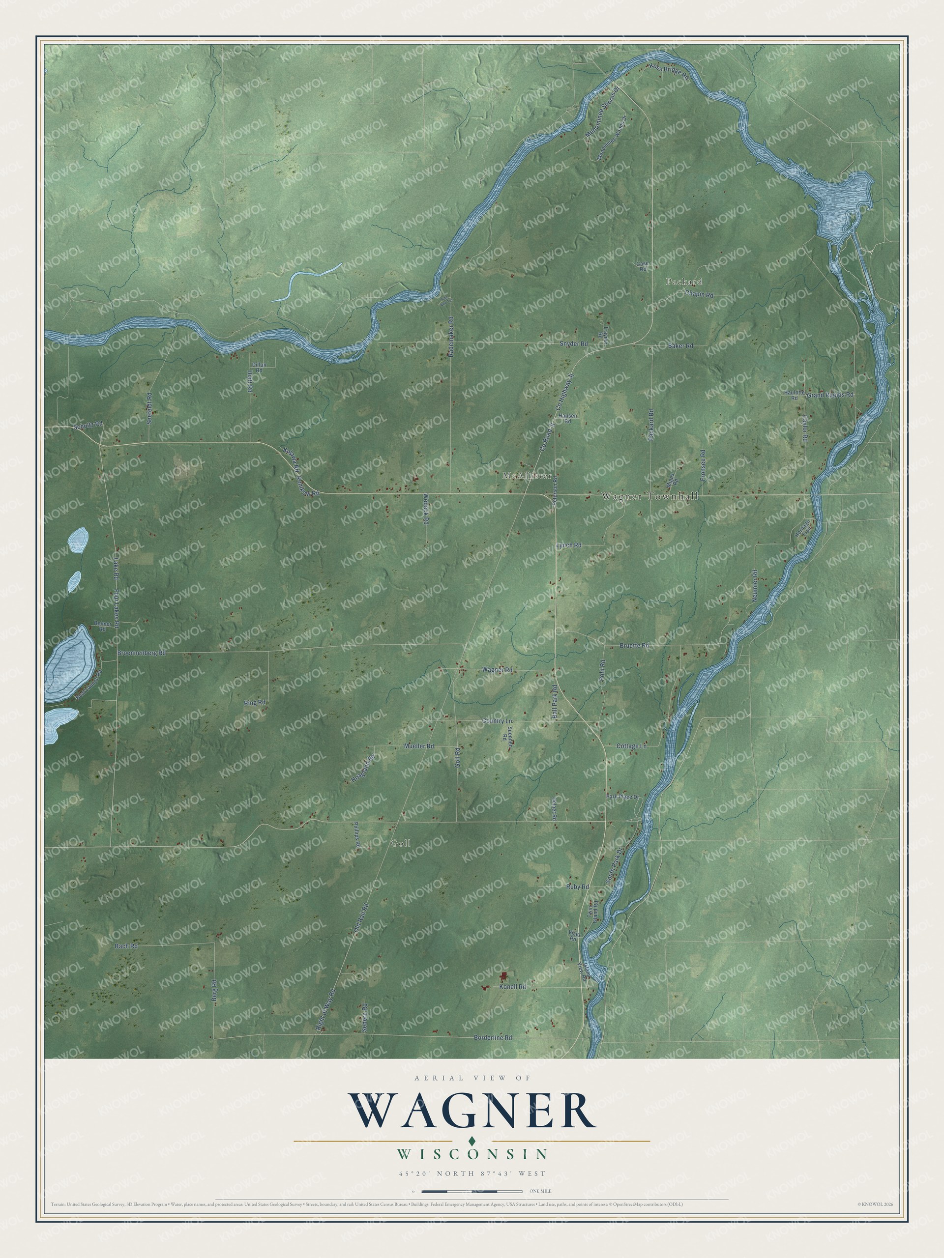 Full map of Wagner, Wisconsin, with red buildings, printed street names and the land around them