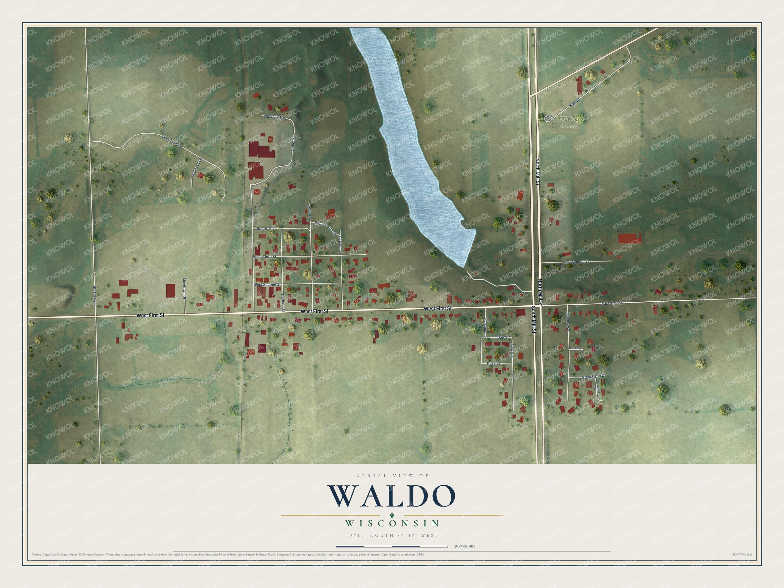 Full map of Waldo, Wisconsin, with red buildings, printed street names and the land around them