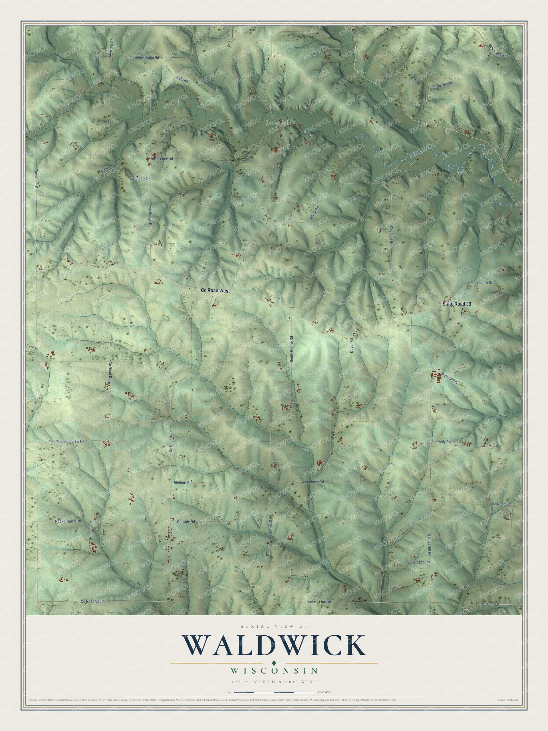 Full map of Waldwick, Wisconsin, with red buildings, printed street names and the land around them